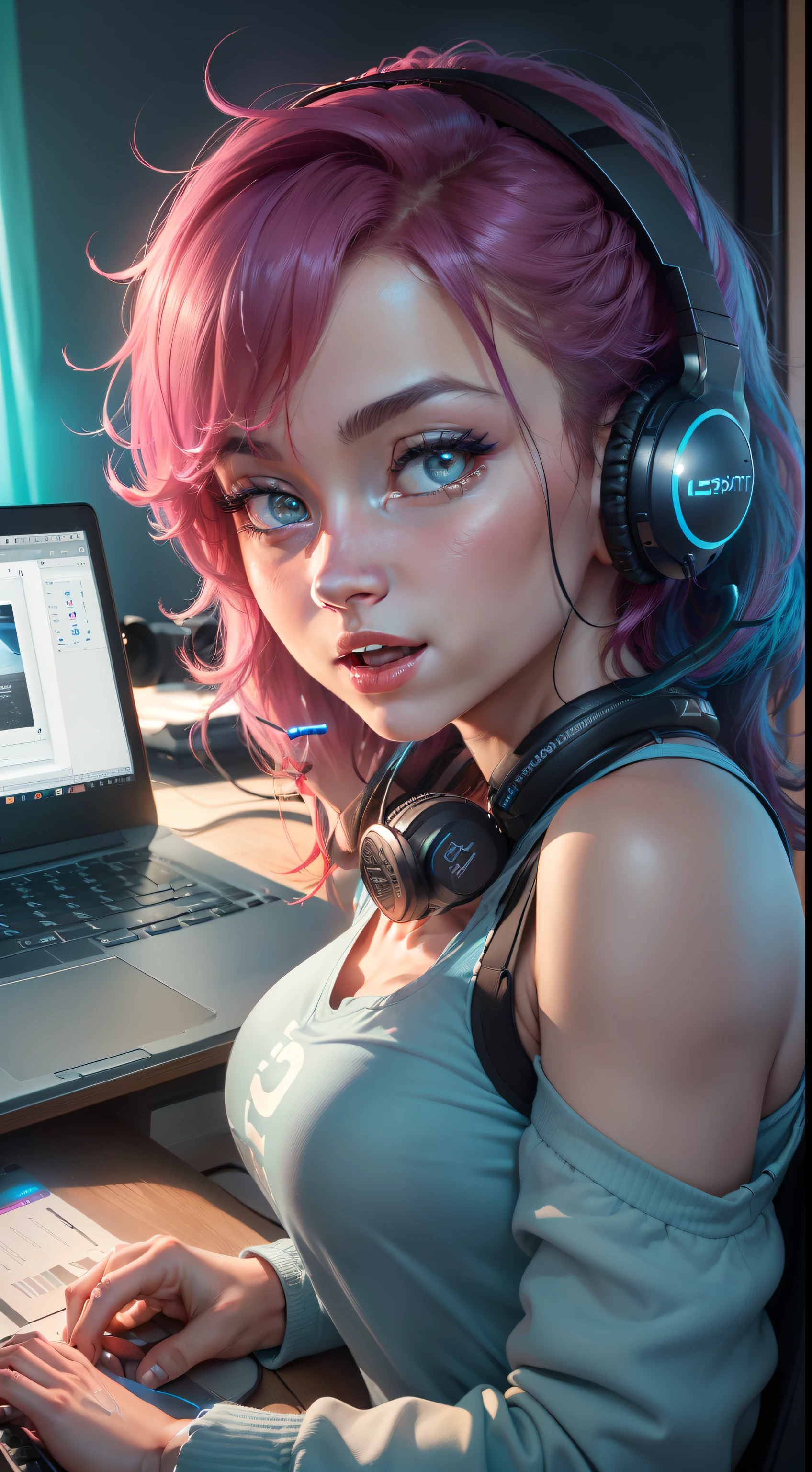 (modern streaming setup, 4K, high resolution, photo-realistic:1.3), a captivating image showcasing a beautiful lady streamer in action, wearing headphones and focused on her laptop, (engaged expression reflecting her dedication:1.2), (energetic eyes exuding enthusiasm:1.2), seated at a sleek streaming desk with a colorful backdrop, (dynamic lighting creating an engaging atmosphere:1.1), microphone and webcam tastefully integrated into the scene, (streaming platform logo visible on the laptop:1.1), (Logitech C920 webcam capturing her expressions with clarity:1.2), (paired with a Blue Yeti USB microphone:1.2), (capturing her vibrant presence and streaming vibe with precision:1.1), (immersing in the energetic streaming environment:1.1), (highlighting the seamless integration of equipment and enthusiasm:1.1), (the image resonating with a sense of modern connectivity and content creation:1.1).