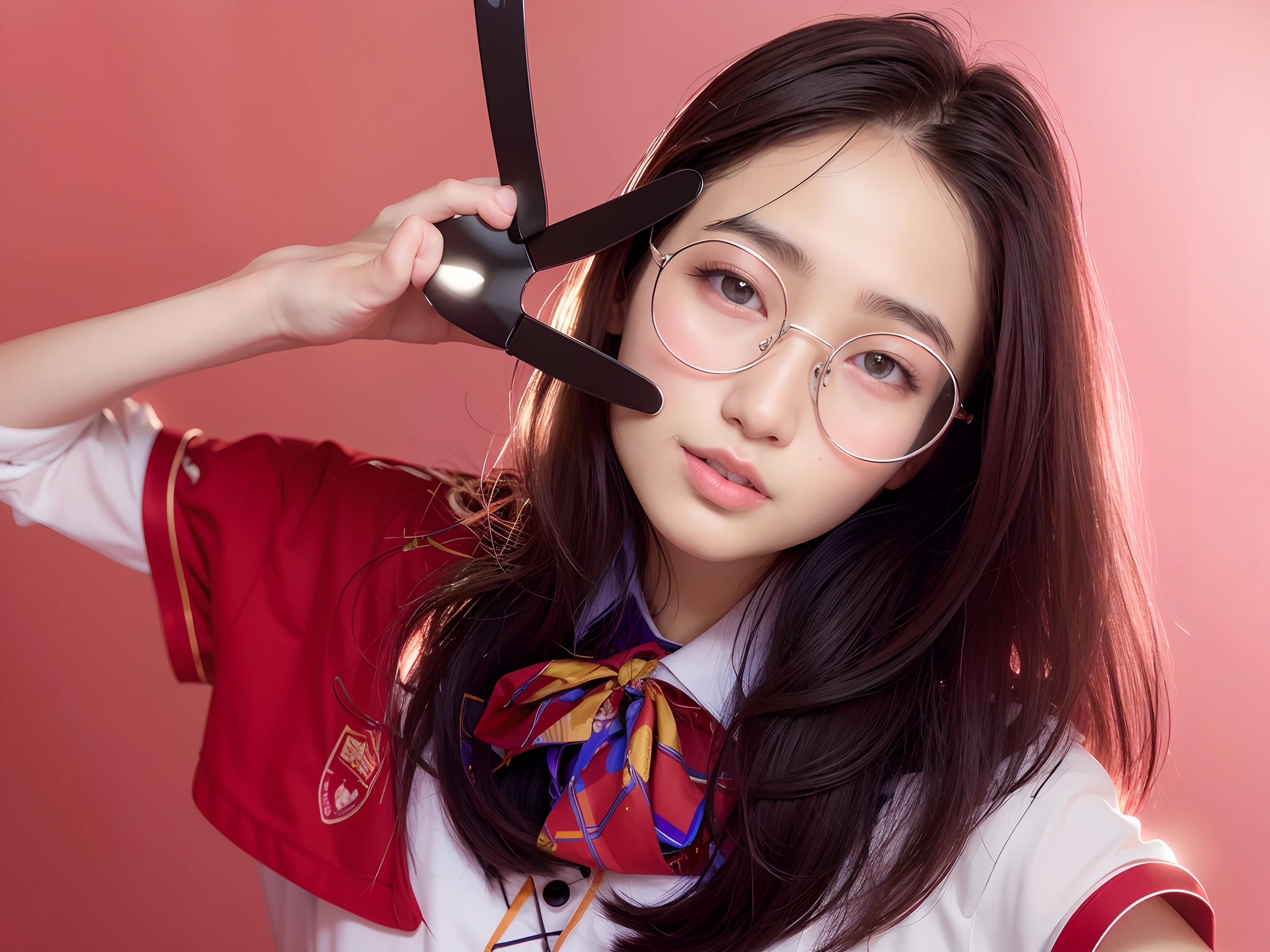 Da ist eine Frau mit Brille und Krawatte, die ein Peace-Zeichen macht, mit Brille, Girl with round glasses, Tragen einer kleinen runden Brille, Wearing a thin, Sizes, runden Brille, Ulzzang, Tragen einer runden Brille, Girl with glasses, Student, Li Zixin, big round glasses, !!Wearer of glasses!!, Yanjun Chengt, bebrillt, round glasses