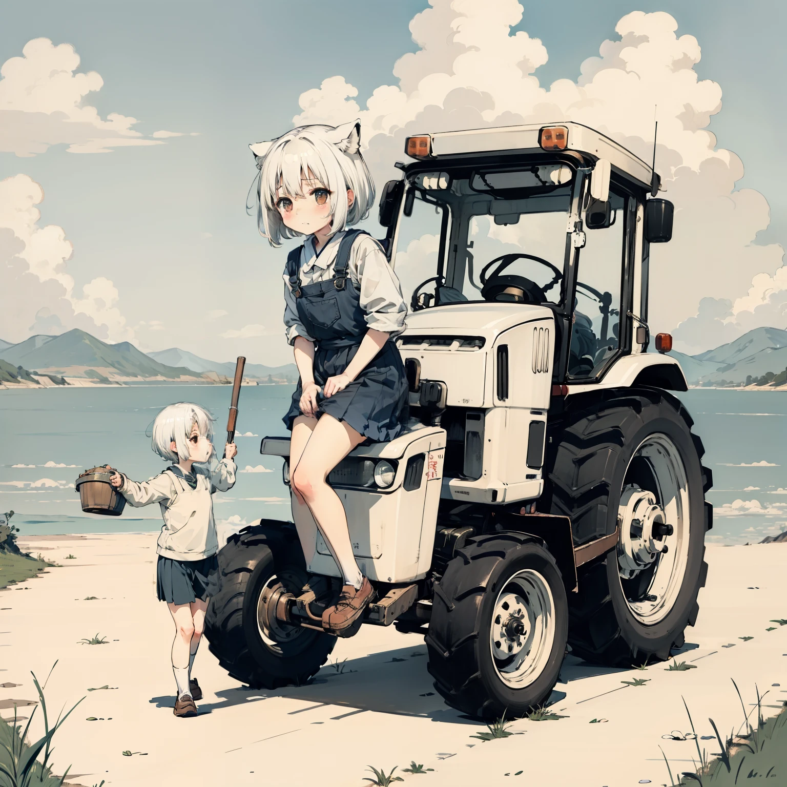White clouds,one-girl,,elementary student,Drive a tractor,独奏, (with short white hair:1.2),