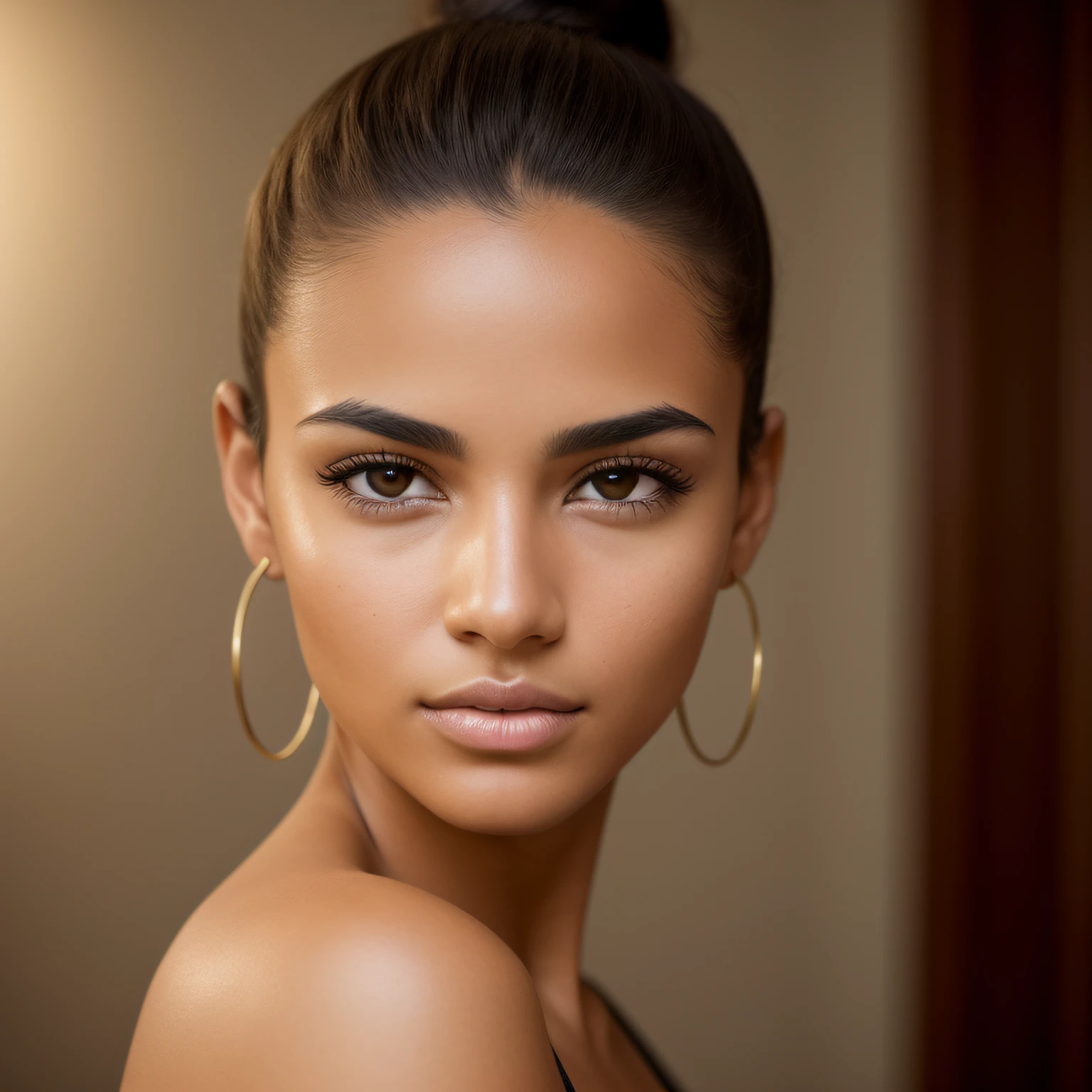 A photorealistic portrait of a insanely beautiful tanned Brazilian young woman with no makeup, mixed race, caucasian, skin is tanned, brown eyes, no eye makeup, hair is in a sleek bun, detailed symmetric realistic face, realistic facial proportions, extremely detailed natural skin texture, visible pores, natural looking eyelashes, natural looking eyebrows, realistic eyelashes, realistic eyebrows, peach fuzz, dark brown hair, masterpiece, award winning photo by Francesco Scavullo, nikon d850 film stock photograph, kodak portra 400 camera f1.6 lens, extremely detailed, amazing, fine detail, rich colors, hyper realistic lifelike texture, dramatic lighting, unrealengine, trending on artstation, cinestill 800 tungsten, looking at the viewer, photo realistic, RAW photo, TanvirTamim, high quality, highres, sharp focus, extremely detailed, cinematic lighting, 8k uhd