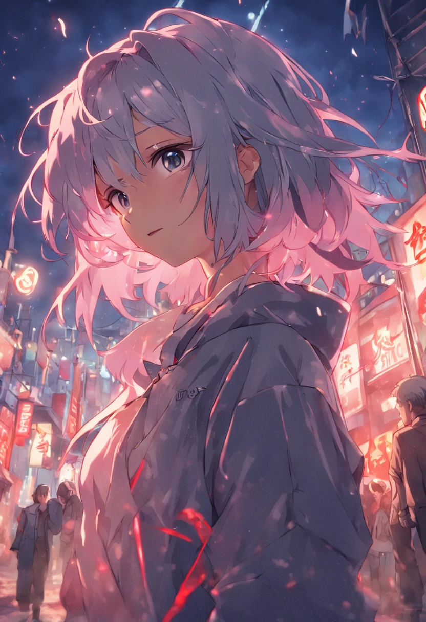 ,Silver Twitch Hair, Adults, 25-years old,, Blouson with street patch, lollipop , Smiling, ember, top-quality, masterpiece,