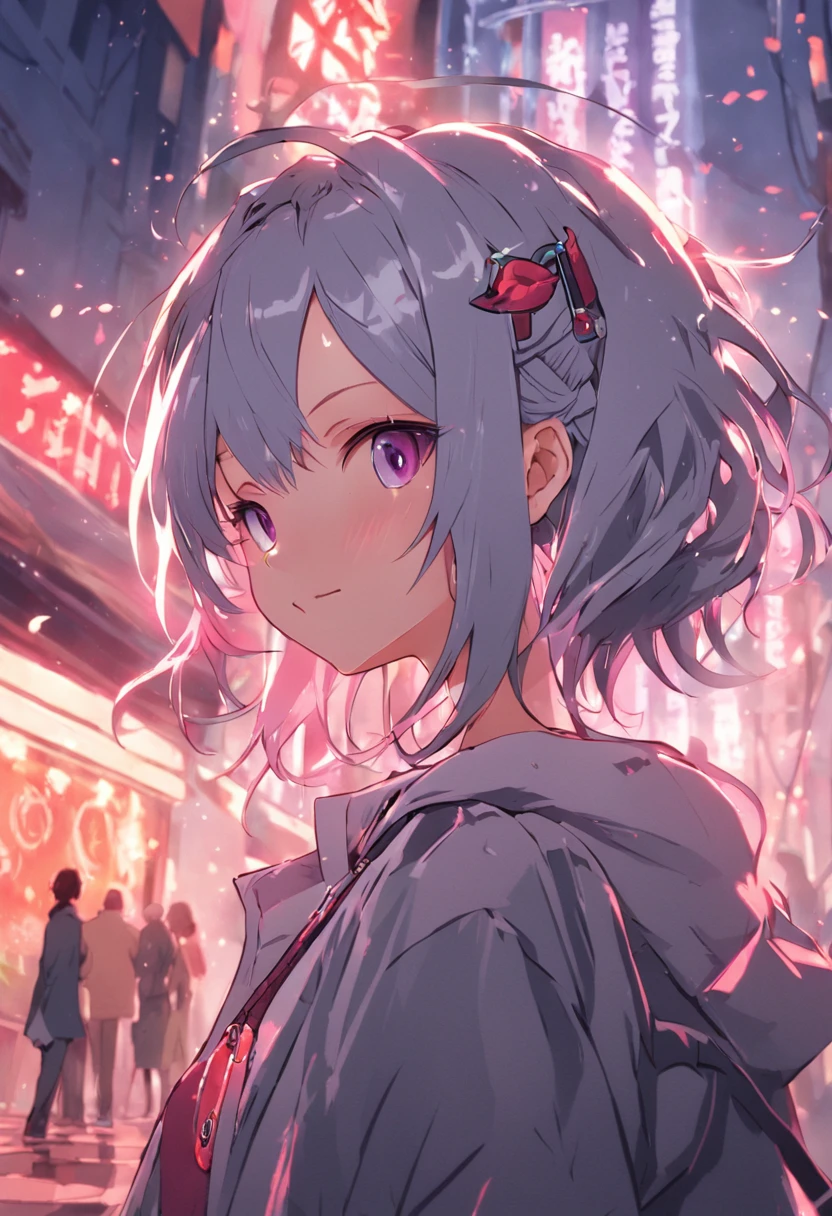 ,Silver Twitch Hair, Adults, 25-years old,, Blouson with street patch, lollipop , Smiling, ember, top-quality, masterpiece,