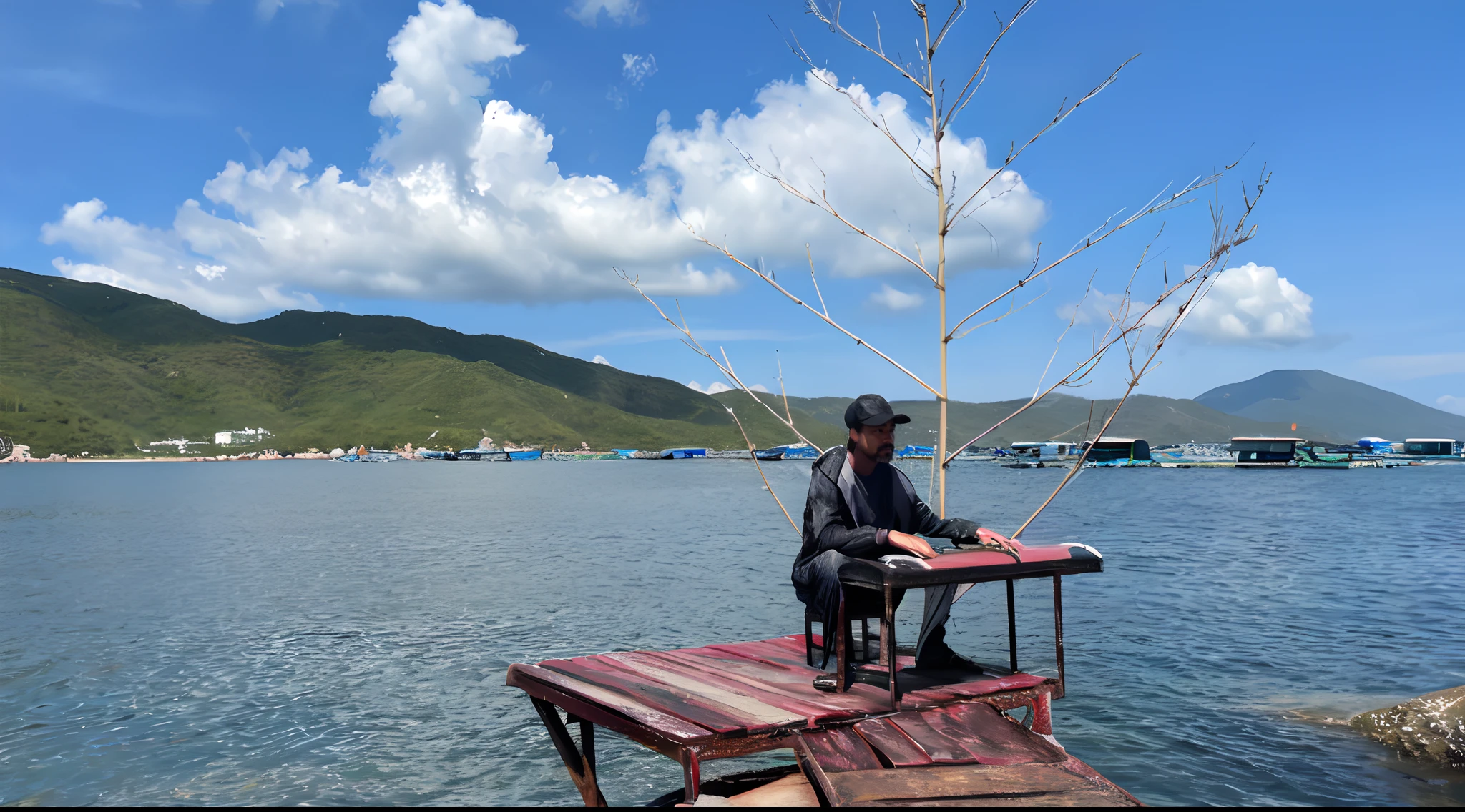 there is a man sitting on a bench on the edge of a pier, a man sitting on a jetty, sitting in front of a lake, shot on iphone 1 3 pro max, island in the background, shot on iphone 1 3 pro, an artistic pose, abcdefghijklmnopqrstuvwxyz, daoshi