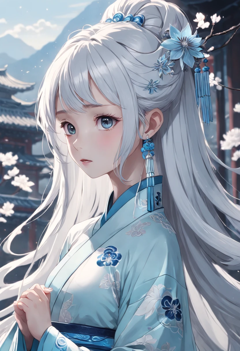 A girl dressed in traditional Chinese Xiu Han clothes,Wearing an ice flower hair ornament,silver-white long hair,The eyes are light blue,Pale skin。Her face was grim,Sharp eyes,Elegance,Slender figure,Immortal qi emanates。