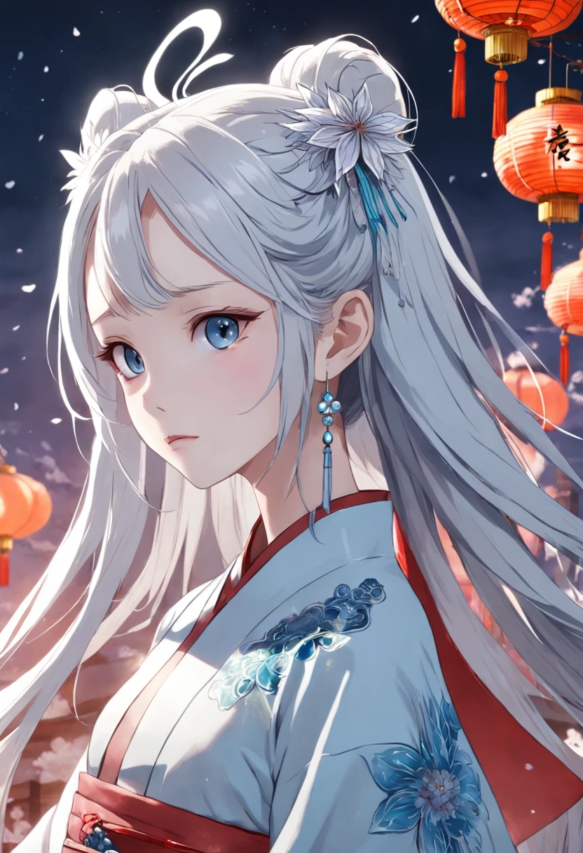 A girl dressed in traditional Chinese Xiu Han clothes,Wearing an ice flower hair ornament,silver-white long hair,The eyes are light blue,Pale skin。Her face was grim,Sharp eyes,Elegance,Slender figure,Immortal qi emanates。