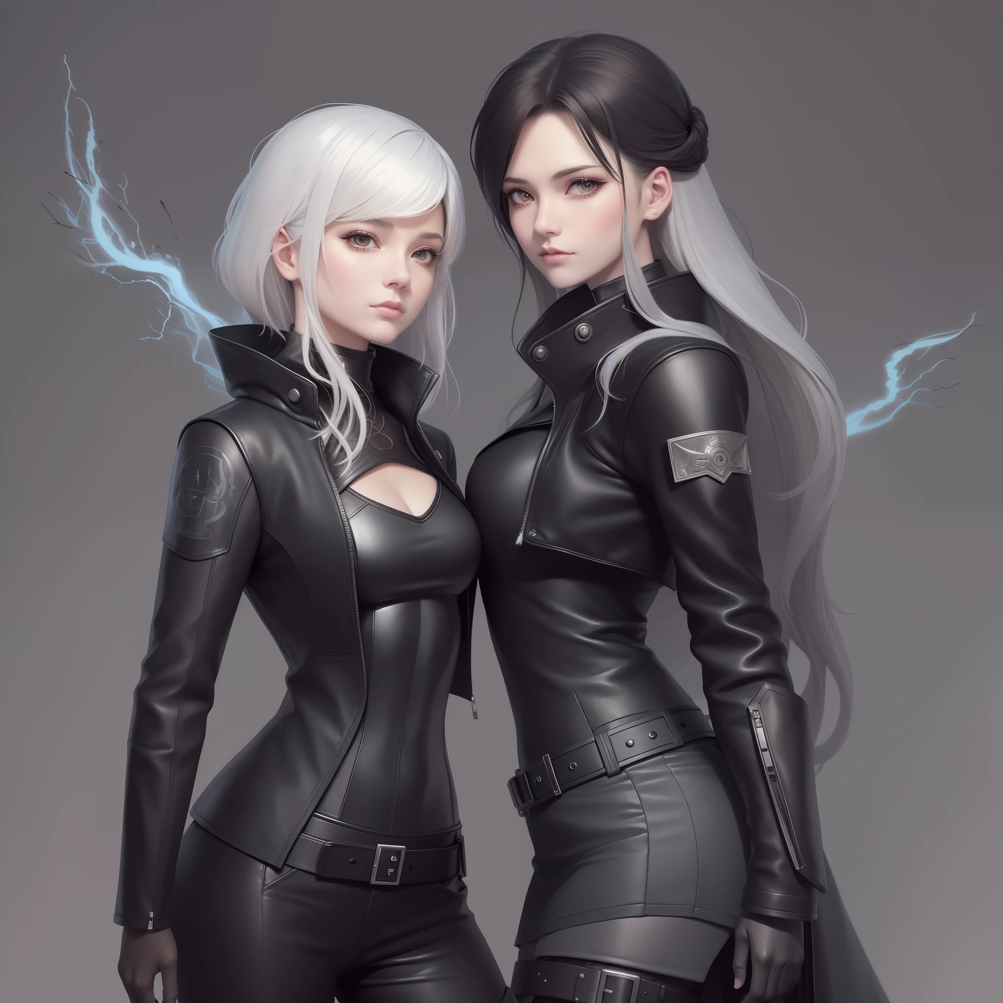 Anime - Stylistic illustration of two women in leather and leather jacket, beautiful sci - fi twins, artgerm and genzoman, IG model | Art germ, Extremely detailed Artgerm, aly fell and artgerm, in the style of artgerm, white haired Cangcang, Tifa Lockhart with white hair, Style Artgerm