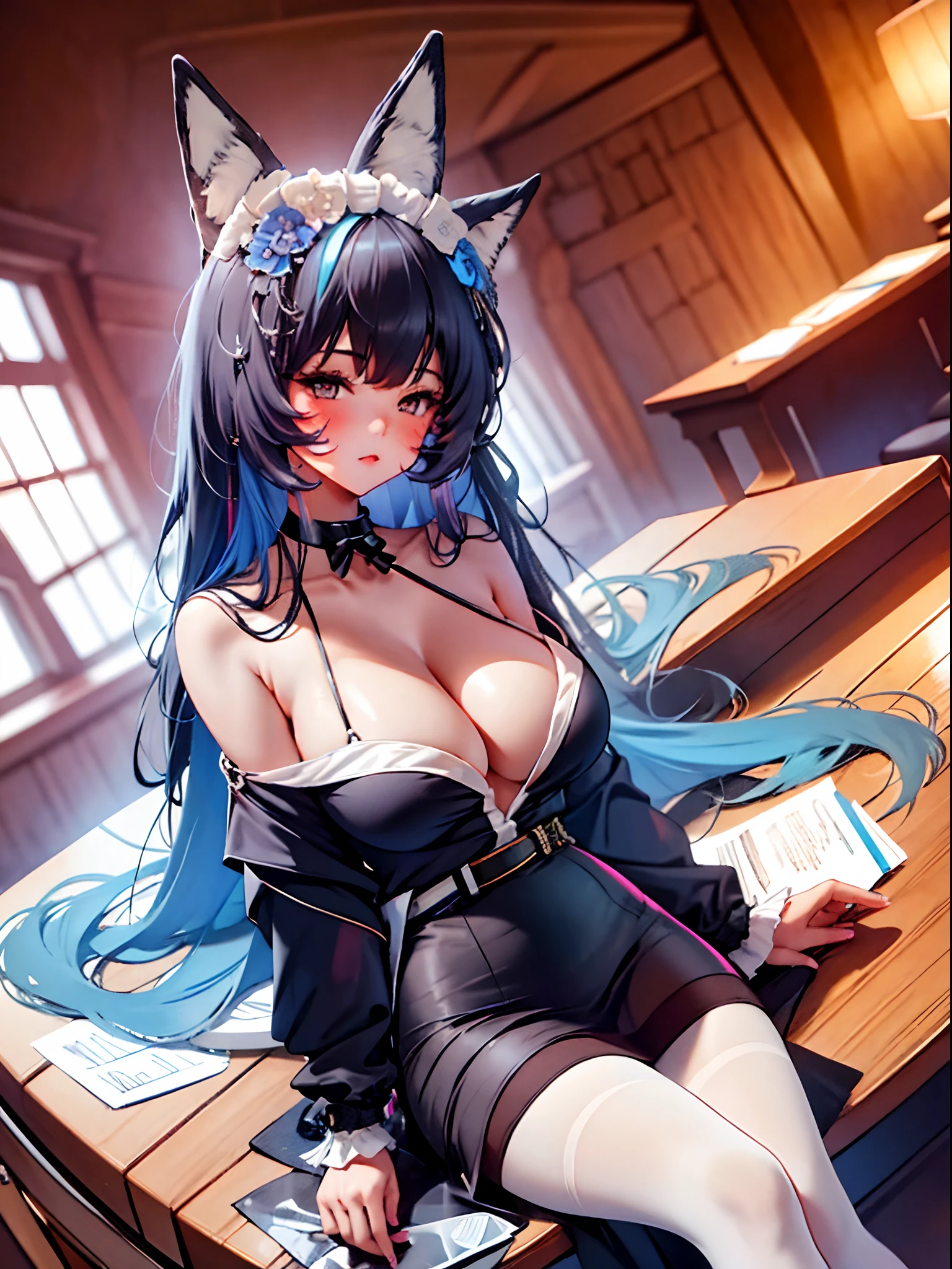 absurderes, 8K ,A high resolution, Ultra detailed, Beautiful, Masterpiece, Best quality, (Beautiful and delicate silver eyes), (3girl) ,Three sexy beautiful s in office OL (Office Lady),white button-down blouse,There is a collar,Black Slit Skirt,(Black pantyhose),Long legs ,Detailed legs,High heels,Side ponytail , bangs,full bodyesbian,Big breasts,cleavage,Cyan hair,Blue hair,Pink hair,Blush,