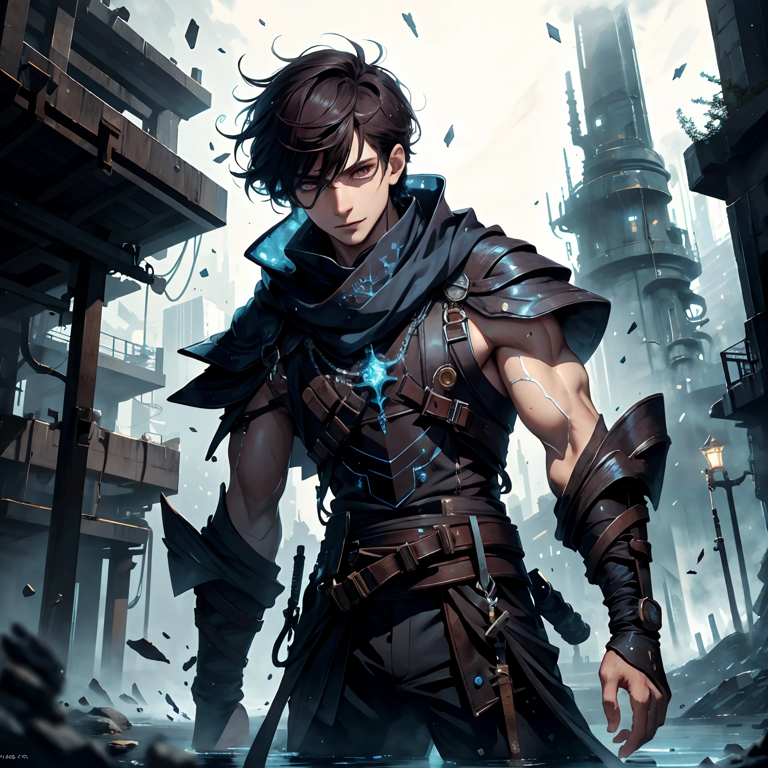 (absurdres, highres, ultra detailed), masterpiece, best quality, real light and shadow, solo, full body,a boy with dark brown hair, sleeveless outfits, blue, handsome, bipedal, full pants, water, water power, mist, water hands,mist hands, soak, blue clothes, buff, finely eye, detailed face, detailed eye, scarf, white coat, white clothes, arm braces, technology, from below, look down,rain city, wet background, swirl, spark, superhero landing shot, BREAK, dark brown eyes