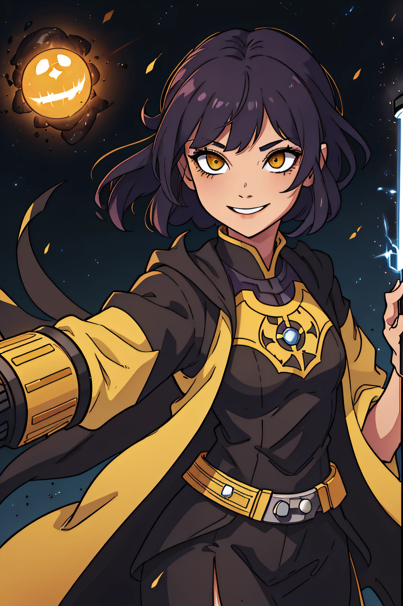 woman with a lightsaber universe background darkness smiling yellown eyes destruciton of the world imperial clothes