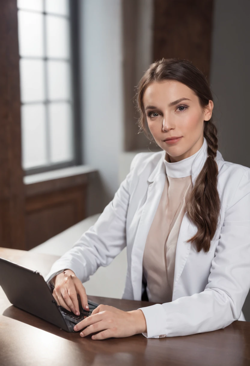 Woman in white lab coat sitting at a table with a tablet, Interessanter Hintergrund, exclusive, Laborkittel und Bluse tragen, Hohe Definition, high-level image quality, Where a large, Ein Interview geben, akkurat dargestellt, Vollfigur, Erstaunlich komponiertes Bild, Breites Bild, auf dunklem Hintergrund, halbes Bild, mitleidig, Standbild, Reihe, Optisch ansprechend