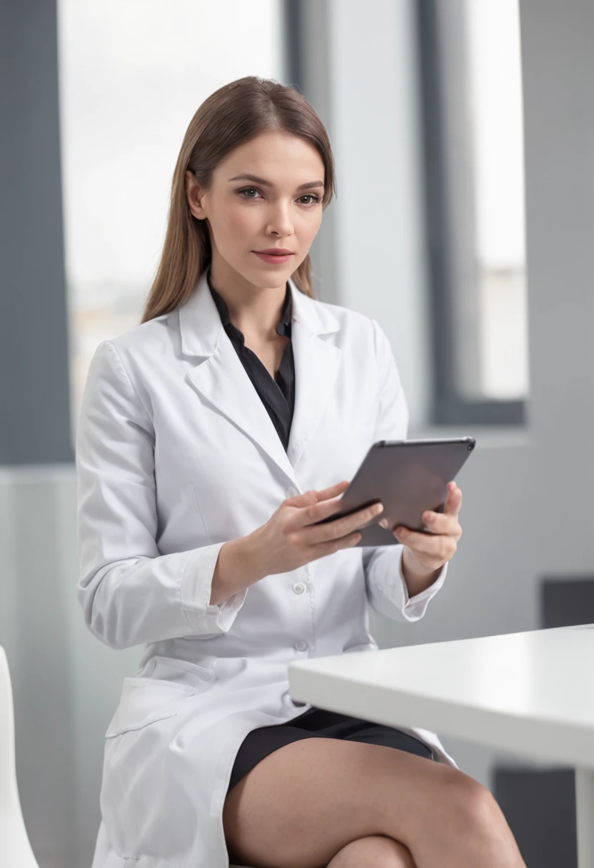Woman in white lab coat sitting at a table with a tablet, Interessanter Hintergrund, exclusive, Laborkittel und Bluse tragen, Hohe Definition, high-level image quality, Where a large, Ein Interview geben, akkurat dargestellt, Vollfigur, Erstaunlich komponiertes Bild, Breites Bild, auf dunklem Hintergrund, halbes Bild, mitleidig, Standbild, Reihe, Optisch ansprechend