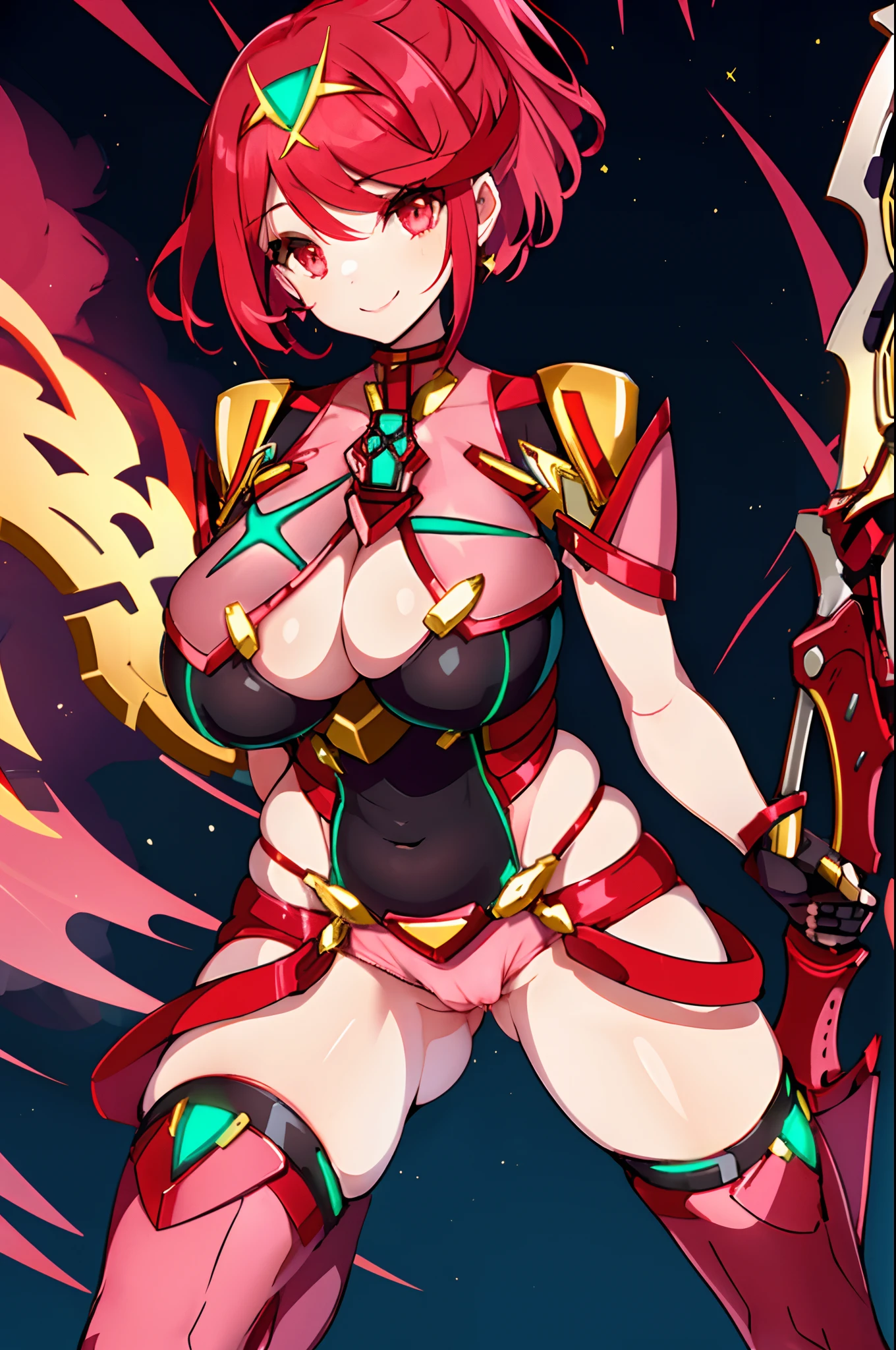 pyra \(xenoblade\), _1girl, loliarmor, bangs, black gloves, breasts, red eyes, light_close_mouth, earrings, eyelashes, fingerless gloves, floating hair, framed breasts, gem, gloves, hair ornament, headpiece, jewelry, big_breasts, leaning back, leotard, neon trim, official art, pose, red hair, red shorts, saitou masatsugu, short hair, short shorts, short sleeves, shorts, sidelocks, skin tight, solo, standing, swept bangs, thighhighs, tiara, night_prairie_background, turtleneck, underbust, vambraces, xenoblade chronicles \(series\), (xenoblade chronicles 2), (spread_legs:1.1), fire_effect,dynamic_pose,fighting,light_smile, (plump:1.4), big_ass,huge_sword, hold_large_sword_hilt, scovered_nipples, (covered_pussy:1.2),cameltoe,back_view, fists,ponytail,plump,beautiful_fingers,(solo:1.1),