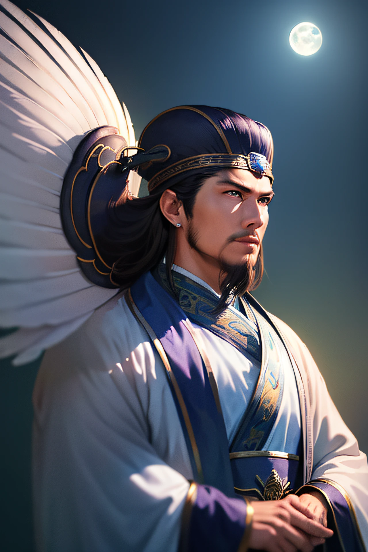 (without a hat:1.5),1boy,(8K,Best picture quality,tmasterpiece:1.4),Final Fantasy,(fantasy),(lamplight),((No hat)),Solo,white chinese chat,Chinese clothes,(handle Feather Fan),feater,White cloth,​​clouds,hawk,Wings,Bright moon in the background