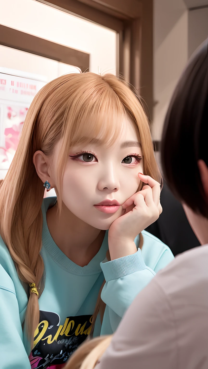 Alafed woman in blue sweatshirt and red and black shirt, roseanne park of blackpink, nffsw, poneyTail、Full body posture、jossi of blackpink, wan adorable korean face, shikamimi, portrait of jossi of blackpink, clear cute face, Larisa Manobal, jaeyeon nam, Korean Girl, Choi Hong Hwa, chiho, korean face features
