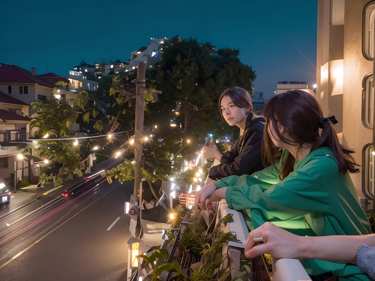 people are standing on a balcony overlooking a city street at night, balcony scene, the city is full of green plants, photo taken at night, night time, nighttime, late evening, night outside, 35mm —W 1920 —H 1080, at night time, with ivy, night shot, at nighttime, plants on balconies