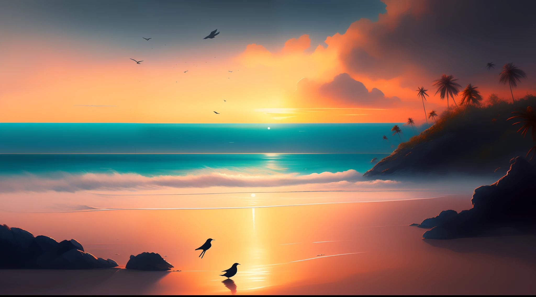 dreamlikeart a painting of a beautiful paradise sunset beach, sun in the middle, far away bird flying on the horizon, trending on artstation in the style of Greg Rutkowski
