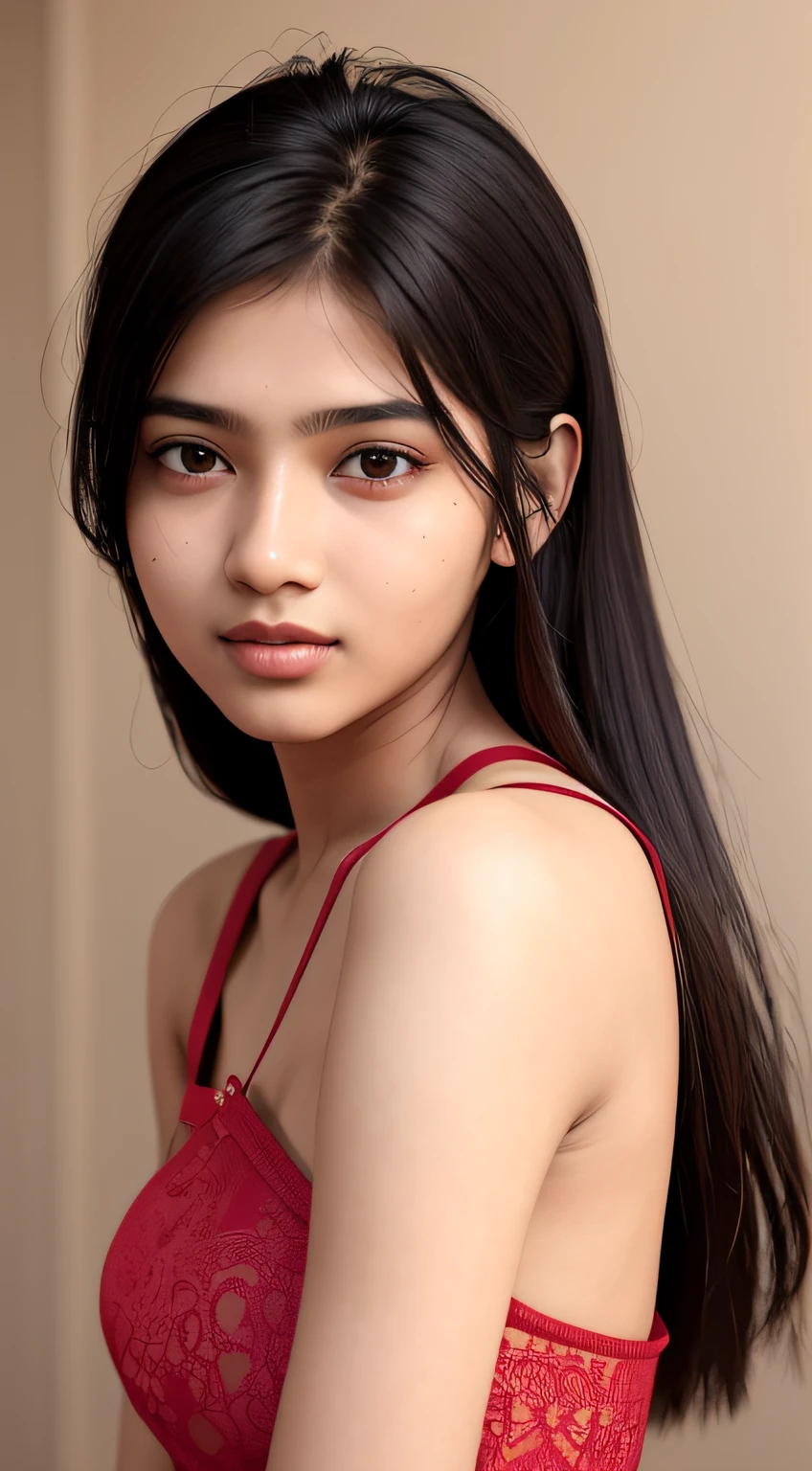 young Indian girl, 18-year-old, red top, gentle lighting, intricate facial details, flawless complexion, top-notch 3D rendering.