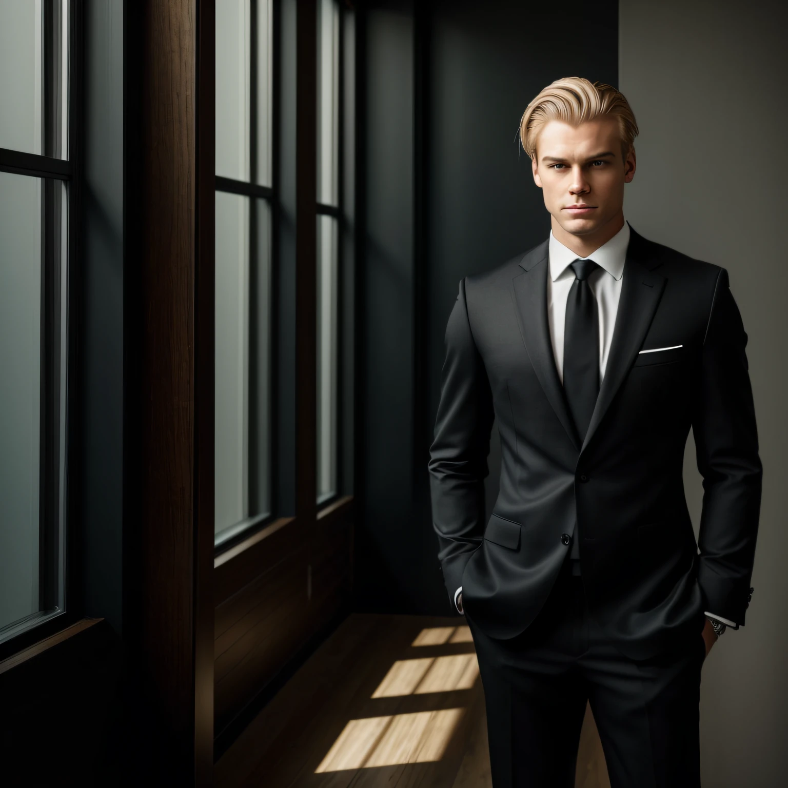 ((full body)) Photo Man standing in front of window in office of RAW, wearing black suit, (Use no beard) Movie Scene, (impeccable) ,Serious and elegant young man, , With thick male eyebrows, (With a mysterious and serious face,) short very blond hair, Dark black background image, Elegant, 18 years, wearing black watch, blond hair, blond eye brows, long swept back blond hair,( High-quality, realistic images), ((Best Quality, 8K, masutepiece)