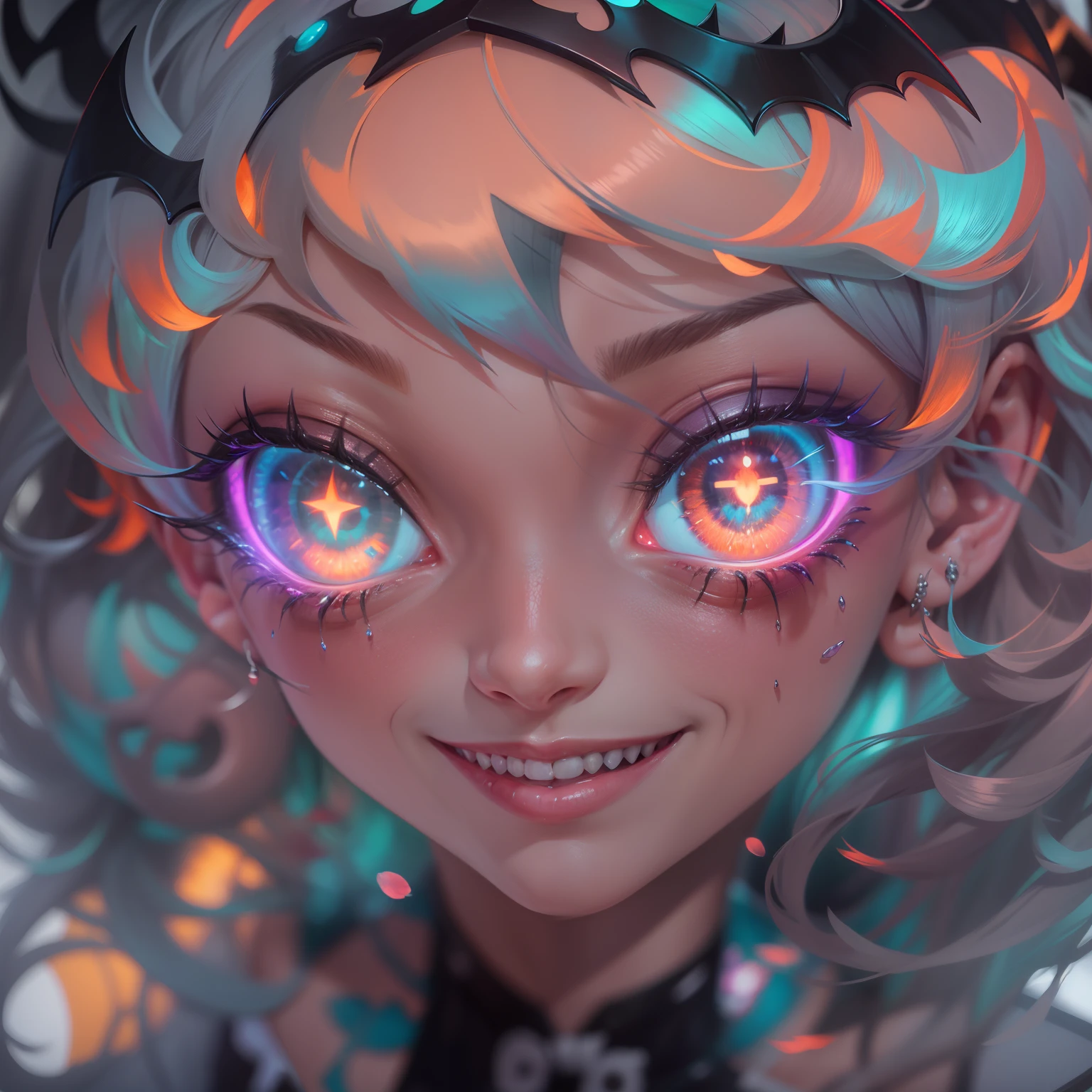 multicolored hair, glowing eyes, makeup, evil smile, tongue out, Surrealism, close-up, Eye-Level Shot, ray tracing, Conceptual art, anime, Gothic art, 8k, super detail, best quality, textured skin, super detail, high quality, high details, retina, masterpiece