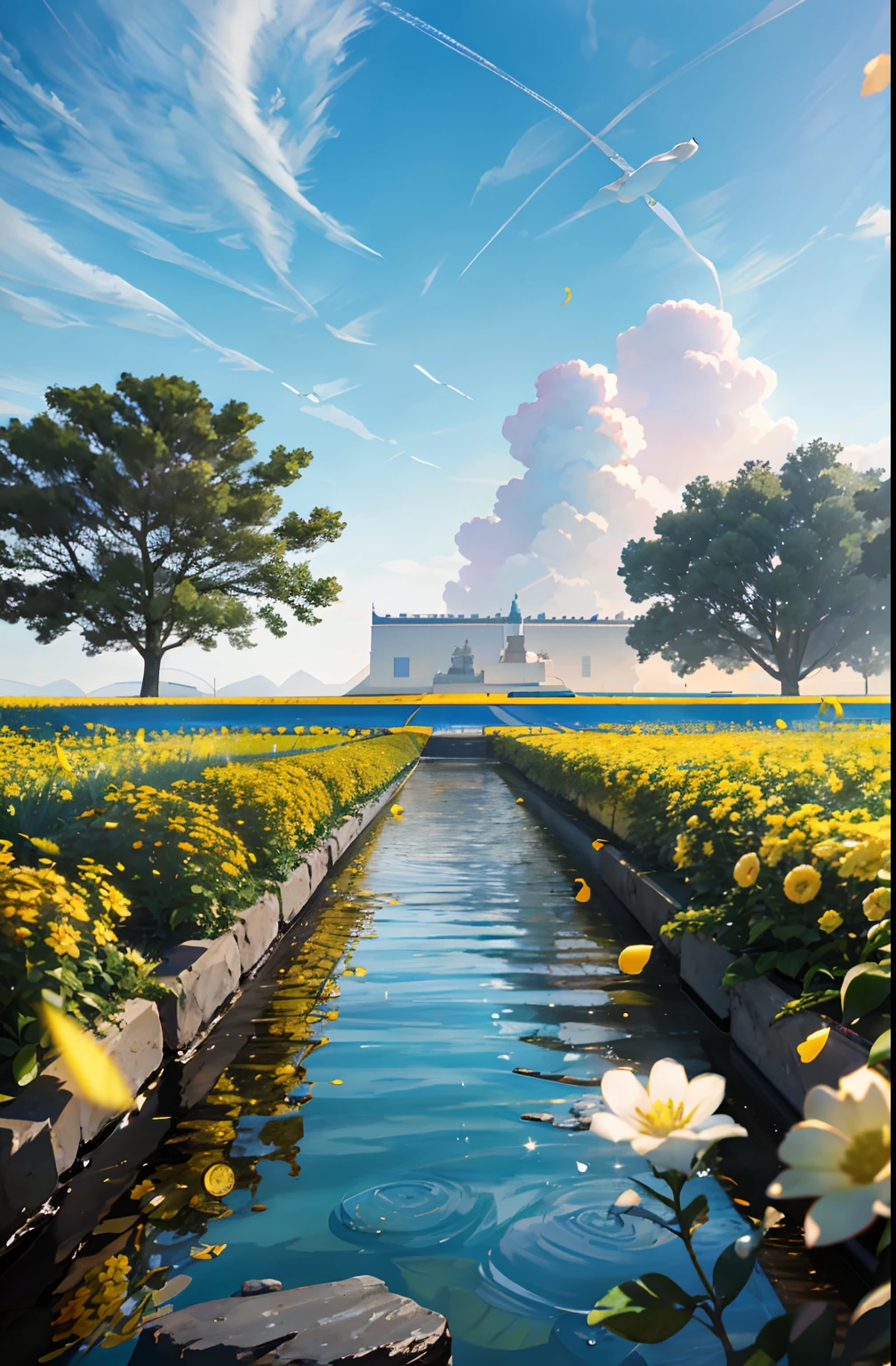 Ultra-realistic scenes,Glasses surrounded by yellow flowers,blue sky background,Eau,rays of sunshine,low angle view,Blander,Product rendering,HD8K。 --v6