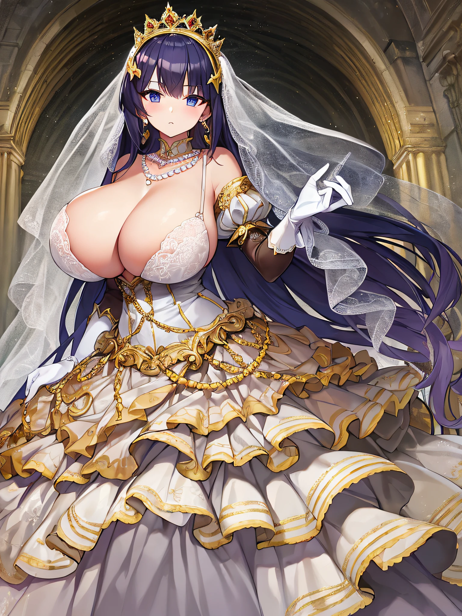 ((anime artstyle)),Best quality, Masterpiece,Solo,full body,1 princess as a royal bride wearing a stately and elaborate royal wedding dress of white satin and tulle adorned with huge ribbon,(gigantic tits,Long tits,skindentation),(large amount of straight hair,extremely Long voluminous Hair),lace, frills,gorgeous embroidery and jewels, with enormous puffed sleeves, an hourglass waist and a voluminous crinoline hoopskirt,long train, long white gloves, pearl necklace and earrings,long wedding veil