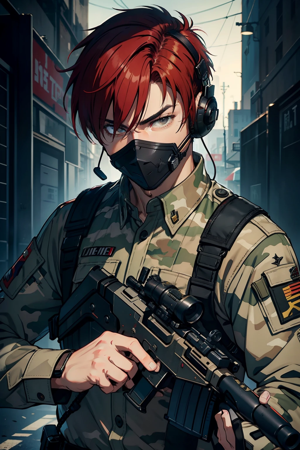 best qualityer,masterpiece,Adult Male,red tinted hair,brush cut,extra very short hair,Tactical headsets,mouth mask,camouflage uniform,miltary,armlets,Aim with a gun