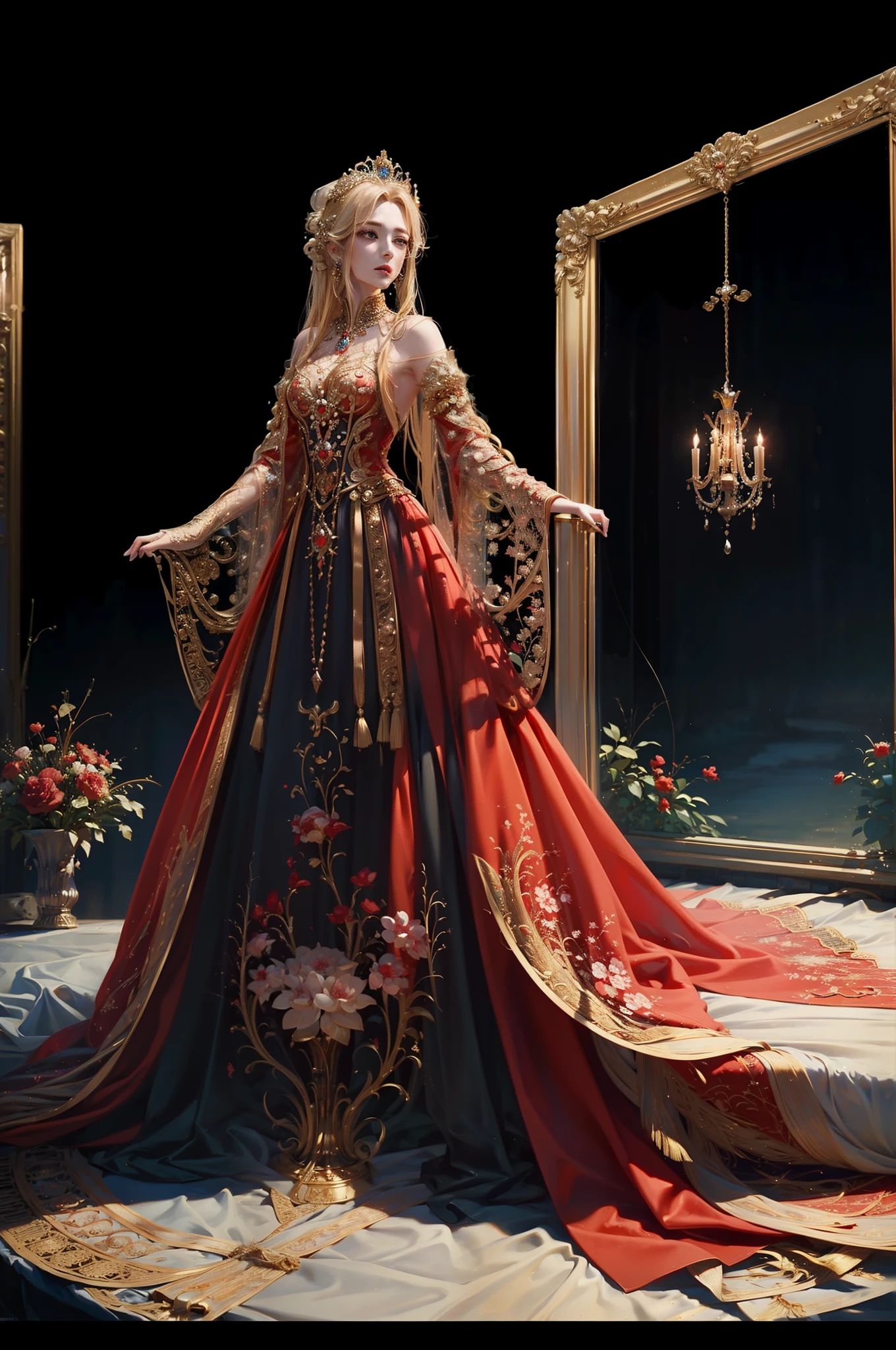 ((top-quality、​masterpiece、photographrealistic:1.4、in 8K))、Blonde Beauty、delicate and beautiful face、（Luxurious red dress in medieval European style、Princess）、Luxury accessories、European-style castle、Cinematic lighting、Textured skin、Super Detail、high detailing、High quality、hight resolution