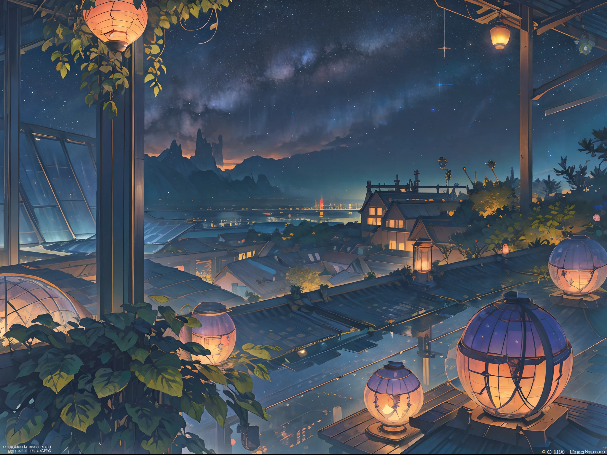best quality, masterpiece, extremely detailed, detailed background, anime, 1girl, young girl, sci-fi, science fiction, outdoors, night, starry sky, greenhouse, megastructure, bio-dome, landscape, scenery, horizon, rooftop, sitting on rooftop, wind, looking away, atmospheric lighting, solo focus, close up, from side, depth of field, bokeh, lighting balls, floating balls、plants