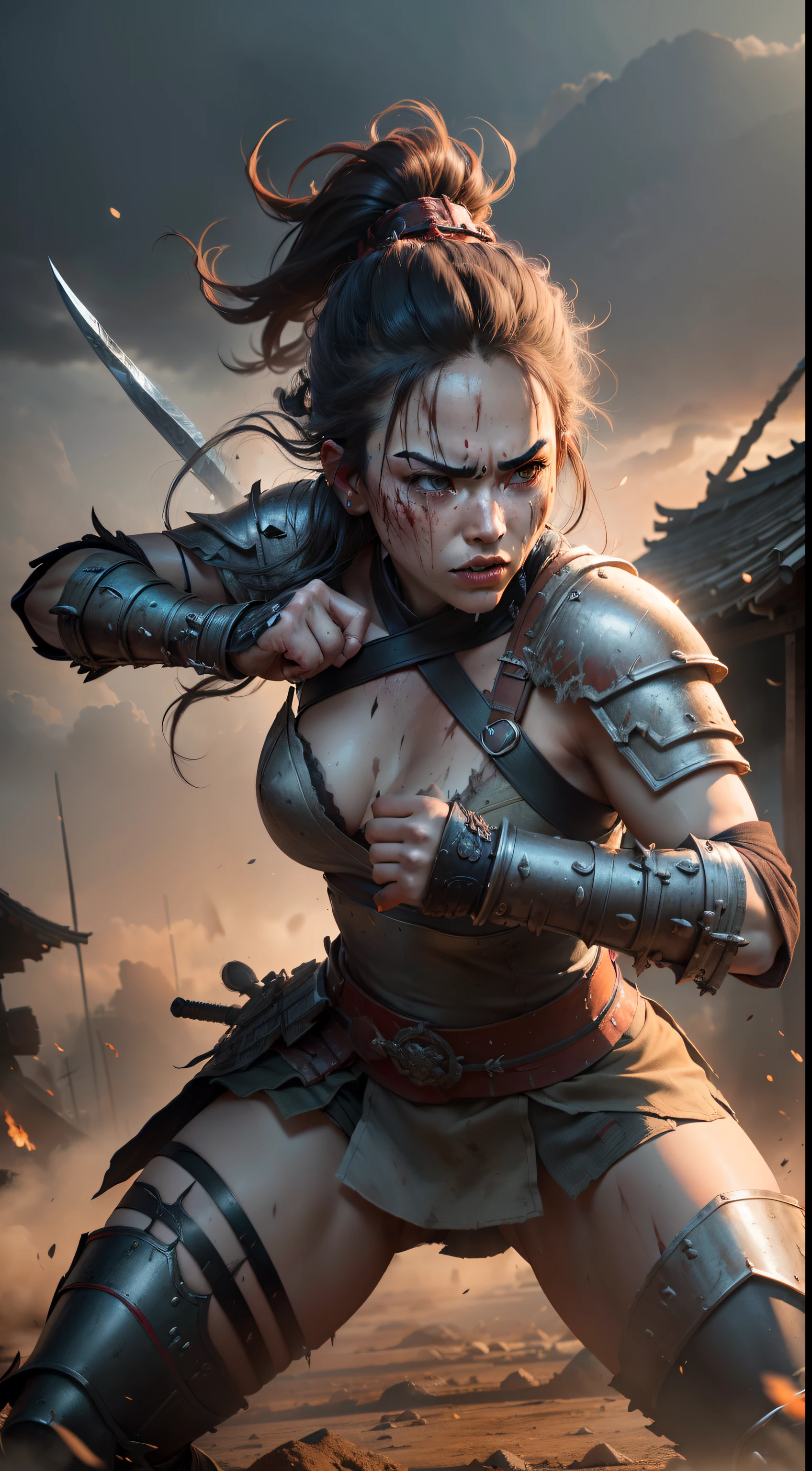 (fierce warrior, 4K, high resolution, photo-realistic:1.3), a striking image featuring a full-body depiction of a female samurai, embodying strength and determination, with blood stains on her face, (intense gaze reflecting unwavering resolve:1.2), (a mix of battle scars and pride evident on her features:1.2), standing amidst a battlefield, (fallen enemies and hints of chaos in the background:1.1), dramatic lighting casting shadows that accentuate her warrior spirit, (weathered armor and battle-worn attire:1.1), (Canon EOS 5D Mark IV camera, perfect for capturing intense scenes:1.2), (paired with a Canon EF 24-70mm f/2.8L II USM lens:1.2), (capturing her fierce presence and the intensity of the battle with precision:1.1), (immersing in the gritty battlefield atmosphere:1.1), (highlighting the tenacity and bravery of the warrior:1.1), (the image resonating with a sense of ferocity and unyielding courage:1.1).
