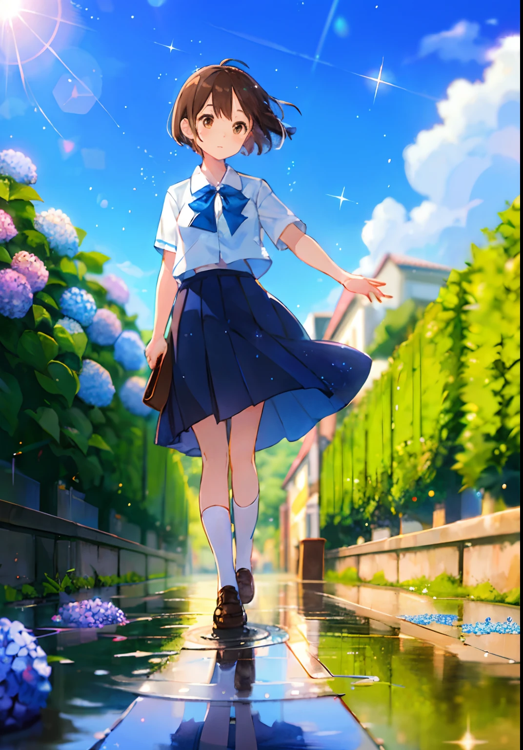 (solo), cute little (1girl) walking,path,[from below:1.2],brown hair,sine short hair,brown eyes,puddle,Water Reflection,rain,floating water drop,hydrangea,(blurry foreground),dynamic angle,asphalt,(blue sky),lens flare,school uniform,(glitter:1.2)