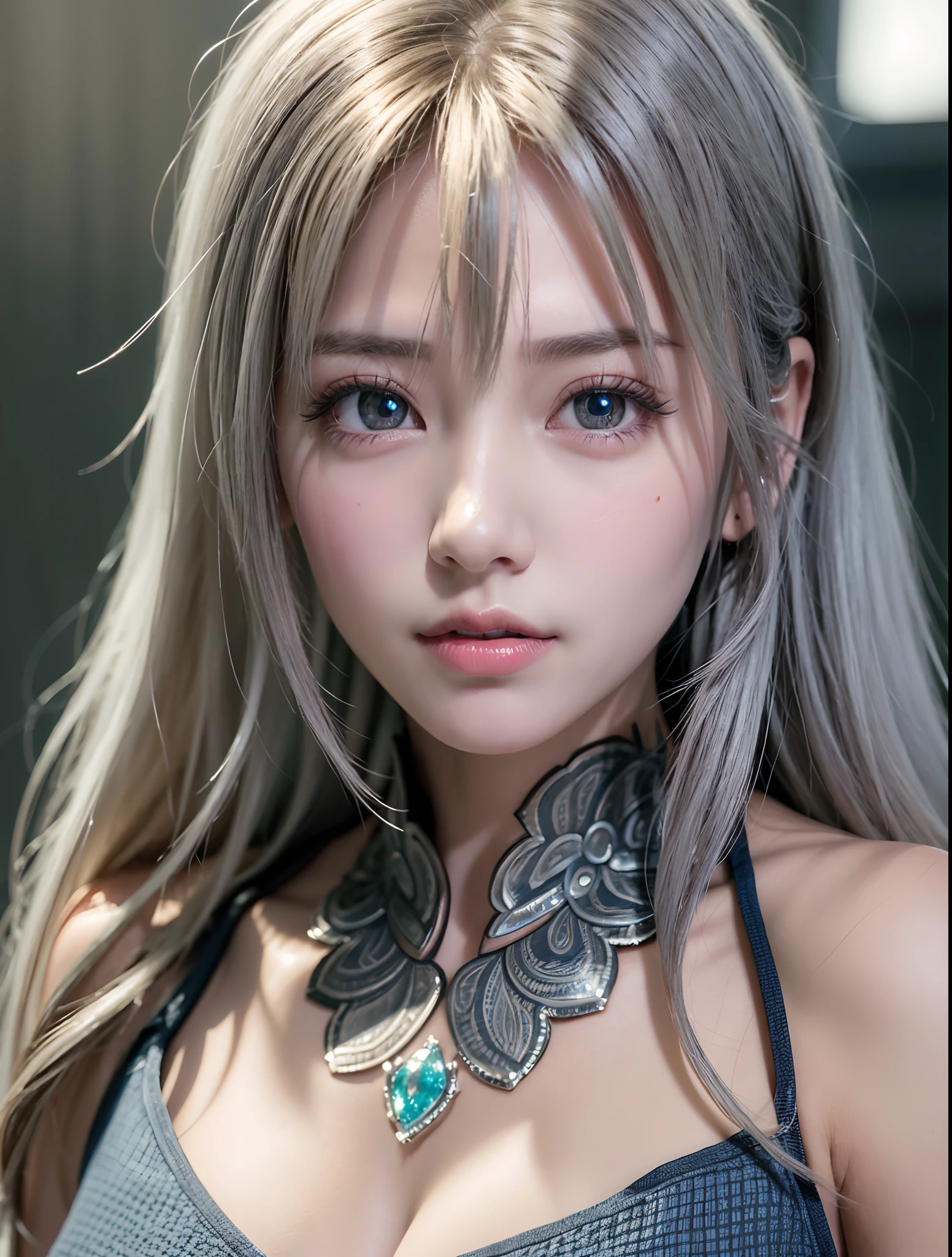 top-quality、8K Masterpiece、超A high resolution、(Photorealsitic:1.3)、Raw photo、1人、silver white hair、glowy skin、((super realistic details))、portlate、globalillumination、Shadow、in 8K、ultrasharp、beauty breast、highly intricate detail、Realistic light、Beautiful eyes、radiant eyes、stares at the camera