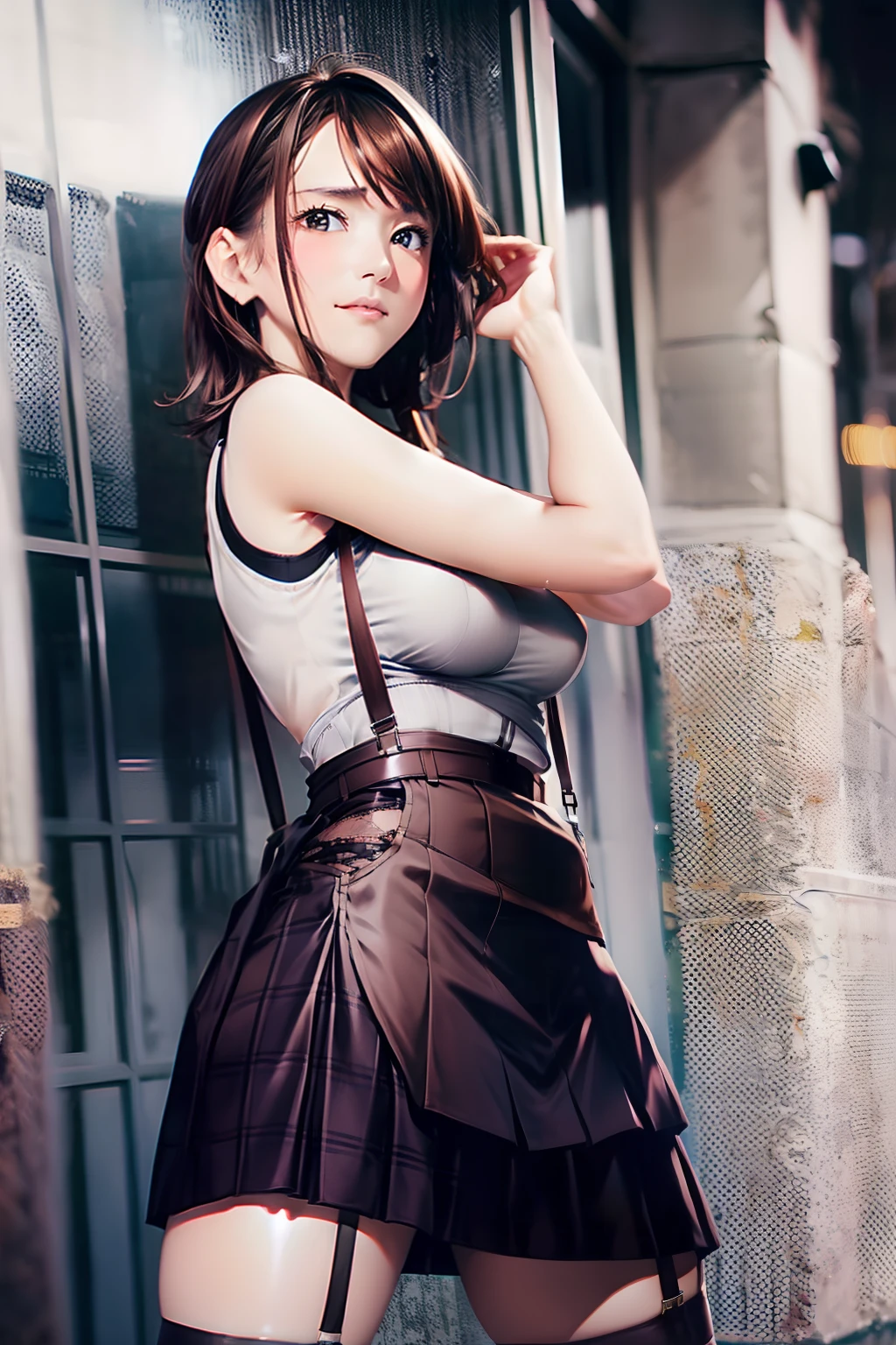 skirt by the, Tank tops suspenders, Brown hair short, Gray eyes, Garter belt on the legs, Big breasts and tight clothes, a belt Armpit sweat deadpan