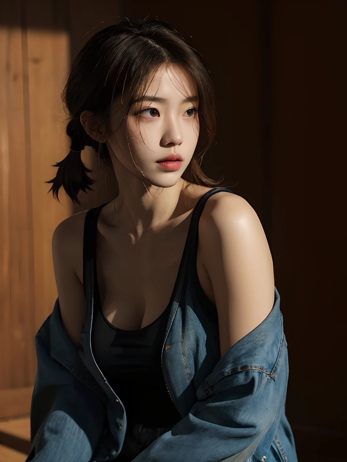 Best quality, masterpiece, ultra high res, (photorealistic:1.5), raw photo, 1girl, Jeans jacket unbuttoned, black tank top, in the dark, deep shadow, low key, cold light, sexy look, short hair, look 21 years old, look adult, brown eye, boobs, Half body portrait, brown background, Long blonde hair in pigtails, slightly messy hair, Chinese-American face, beautiful.