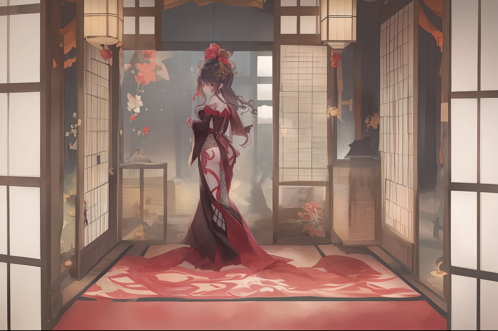 Yoshiwara, red-light district, courtesan, tattoos, slender, 16 years old, ukiyo-e, Japanese painting, watercolor painting, vibrant saturation, omitting outlines, numerous tattoos, full back tattoo, thigh tattoos, sad expression, unfortunate, red eyes, lowered gaze, plump cheeks, innocent, girl, Japanese, 170 centimeters tall, 25 kilograms in weight, fair skin.Wooden Architecture: Brothel buildings were constructed using wood and incorporated traditional Japanese architectural styles. Roofs were commonly covered with tiles, and they featured the traditional roof shapes of Japan. Grand Entrances: The entrances of these buildings were elaborately decorated, often adorned with lavish embellishments. Lanterns and banners were used to attract attention to the establishment. Lattice Doors and Shoji Screens: Windows and doors were fitted with lattice doors and shoji screens, making it difficult to see inside from outside. This design ensured privacy and discretion. Interior Design: The interiors of the buildings were opulently adorned. The individual rooms for clients were partitioned with tatami-covered floors and shoji screens, featuring a characteristic Japanese-style decor. Gardens: Some brothels included small gardens where clients and courtesans could enjoy peaceful moments together. Signs and Curtains: Signs and curtains with the brothel's name and business information were hung outside the building. These helped passersby and customers identify the establishment. Please note that the historical context and cultural practices surrounding brothels have evolved over time, and the translation provided is based on the provided information.