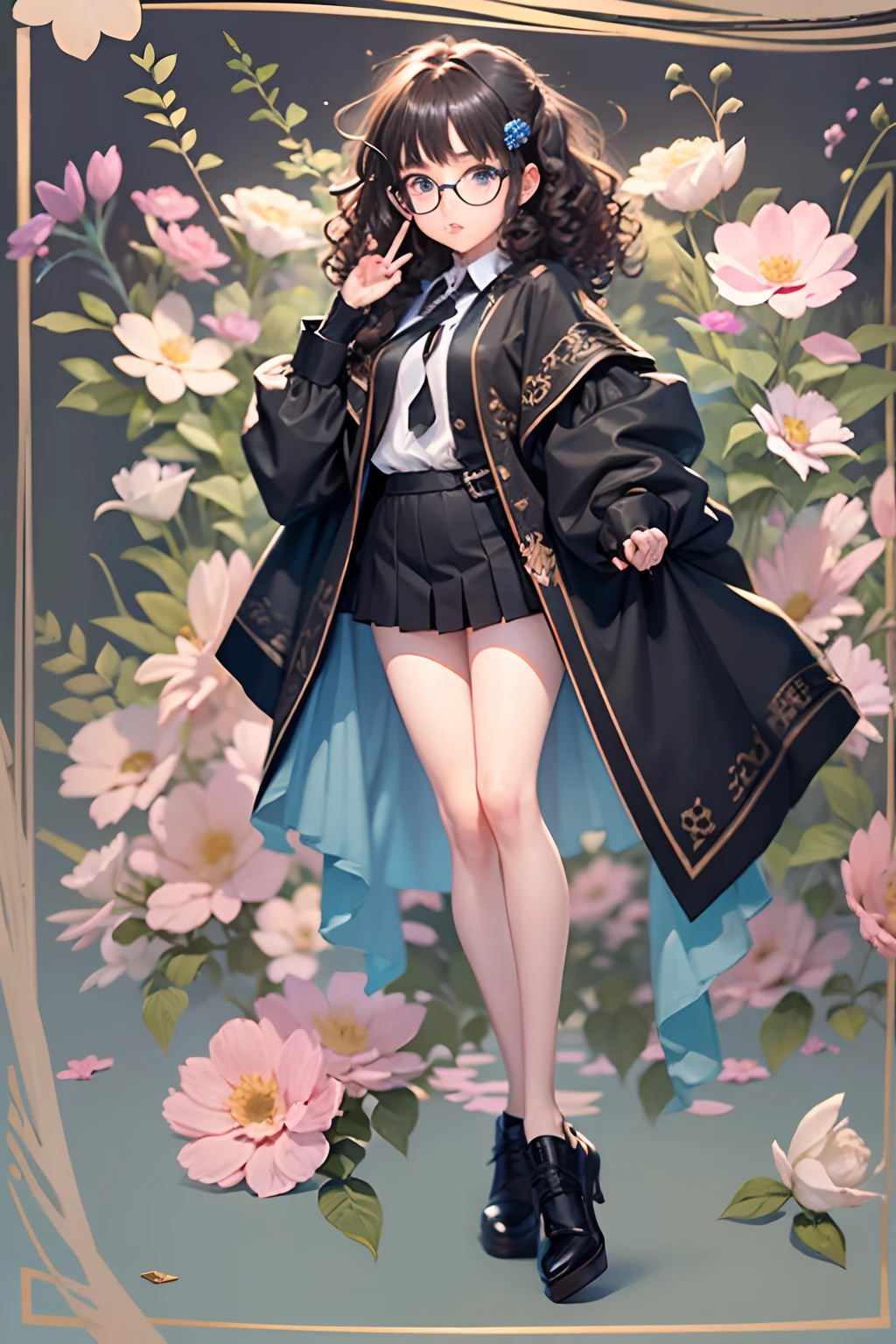 HighestQuali,tmasterpiece,1girll,standing on your feet,curly brown hair,round frame glasses ,black toga,black toga,black toga,blue color eyes,Small pink flowers