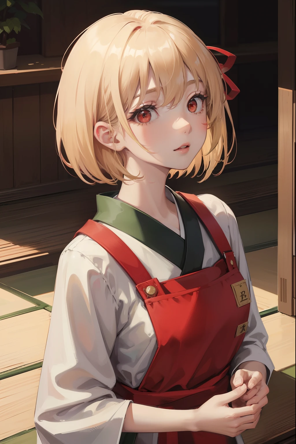 chisatonishikigi, nishikigi chisato, short hair, bangs, blonde hair, (red eyes:1.5), hair ribbon, one side up, bob cut,
BREAK japanese clothes, kimono, apron, red ribbon, waitress, red kimono,
BREAK outdoors, track and field,
BREAK looking at viewer, BREAK (masterpiece:1.2), best quality, high resolution, unity 8k wallpaper, (illustration:0.8), (beautiful detailed eyes:1.6), extremely detailed face, perfect lighting, extremely detailed CG, (perfect hands, perfect anatomy),
