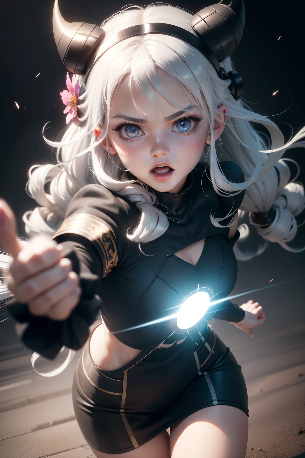 black hair, hair bobbles, wince, longeyelashes, ear blush, wavy hair, screaming, scared, flower on head, white hair, silver hair, drill hair, quad drills, rolling eyes, mole under eye, rolling eyes, horns, Surrealism, atmospheric perspective, Art Deco, jpeg artifacts, chromatic aberration, drop shadow, lens flare, foreshortening, diffraction spikes, Eye-Level Shot, chiaroscuro, 8k, masterpiece
