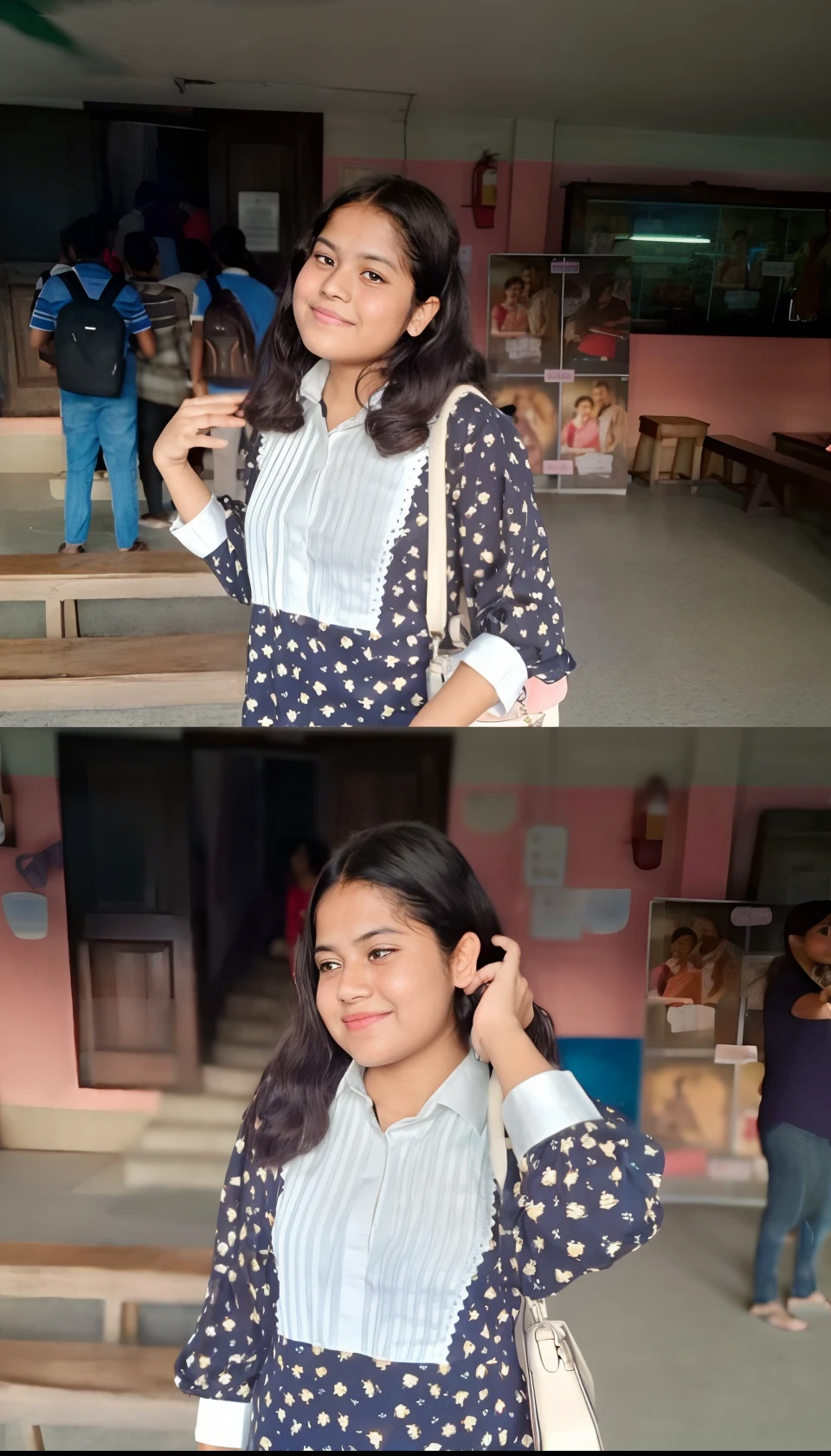 a woman in a polka dot shirt and jeans posing for a picture, with lovely look, candid picture, candid photo, at college, with accurate face, with kind face, assamese aesthetic, very very low quality picture, candid photograph, with cute - fine - face, she is about 1 6 years old, with a beautifull smile, candid photography