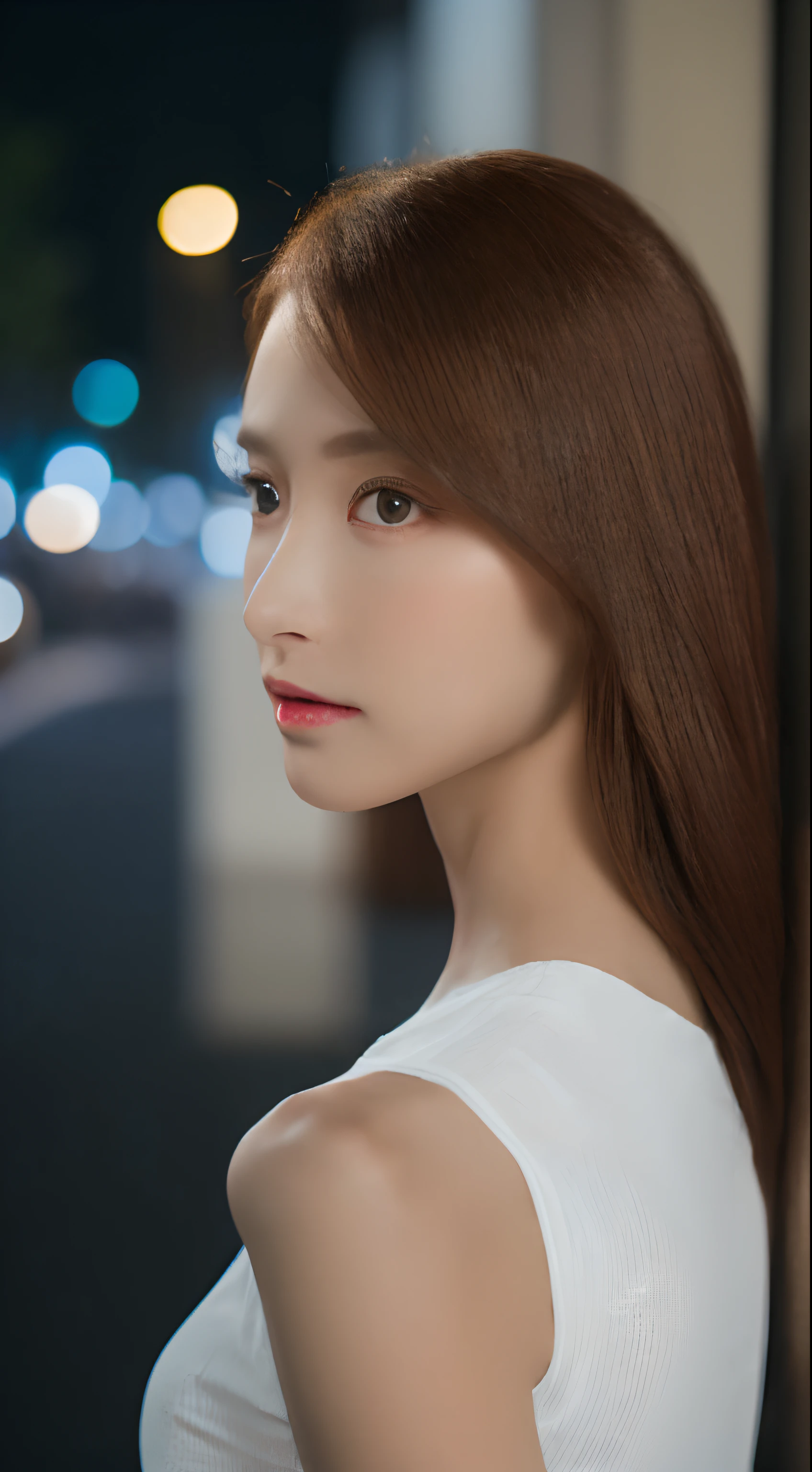((Realistic lighting, Best quality, 8K, Masterpiece: 1.3)), Clear focus: 1.2, 1girl, Perfect Body Beauty: 1.4, ((Dark brown hair)), (White crop top: 1.4), (Outdoor, Night: 1.1), City Street, Super Fine Face, Fine Eyes, Double Eyelids, Bride