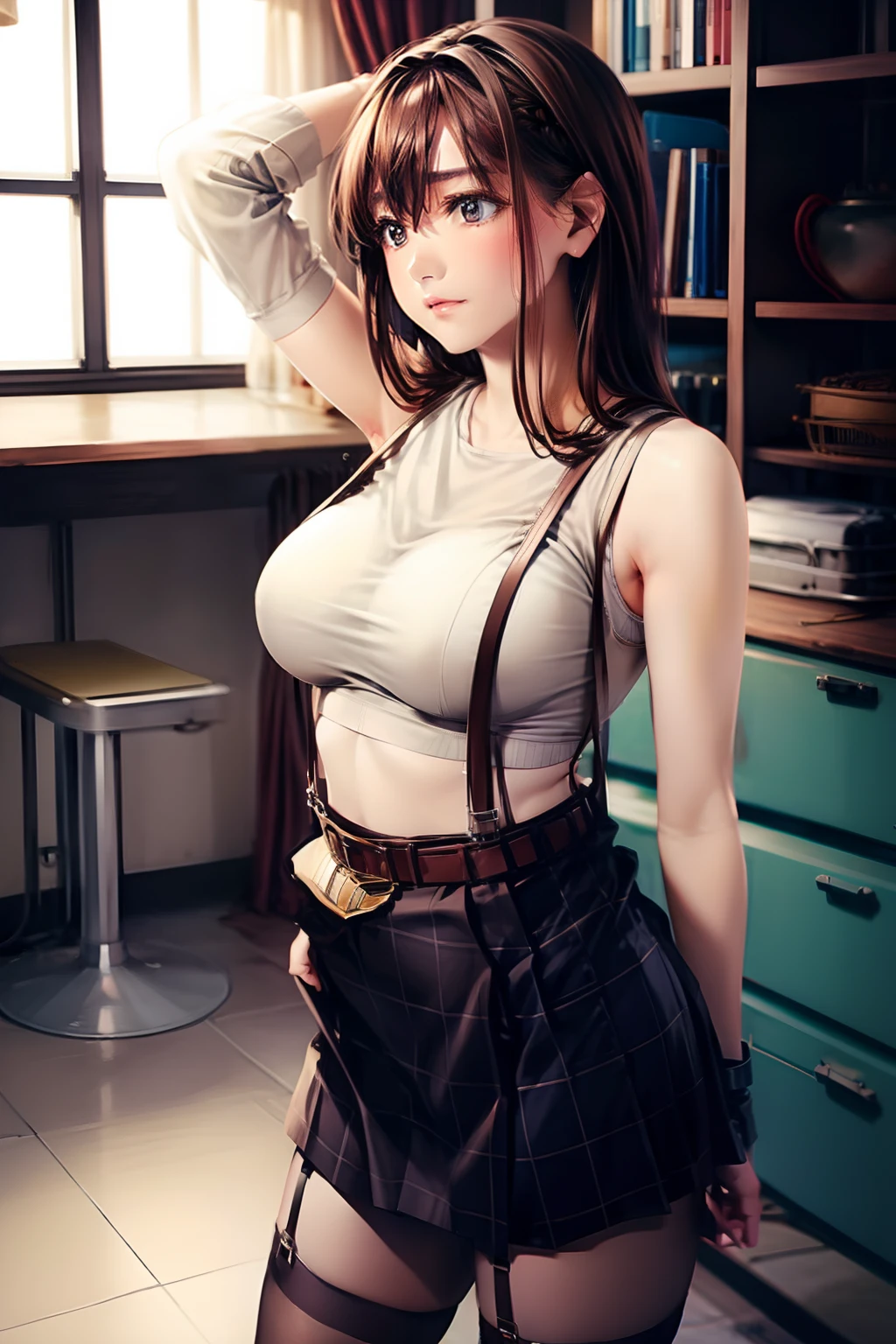 Prison School, Meiko SHIRAKI (Charakter) realistic version, wearing a provocative outfit, tied dark gray hair, mature sadomasochistic woman face, sadomasochistic look, long loose bangs, glasses, open sexy top, provocative take off, huge and voluminous breasts, heavy and sweaty, sweaty face, (short schoolgirl orange plaid skirt), sensuality and elegance, pose for photo, sweaty body, prison cell, open teacher blouse, super realistic and detailed, prison saddle, prison bathroom, whip, panting , perverted woman ,very perverted look, handcuffs, club, chair, provocative sensual poses, shapely legs, black gloves, sadomasochistic woman, Full HD, best quality, a masterpiece, professional lighting, realistic style