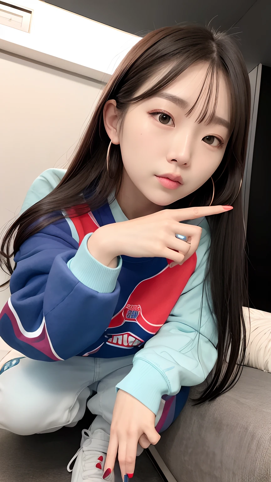 Alafed woman in blue sweatshirt and red and black shirt, roseanne park of blackpink, nffsw, poneyTail、Full body posture、jossi of blackpink, wan adorable korean face, shikamimi, portrait of jossi of blackpink, clear cute face, Larisa Manobal, jaeyeon nam, Korean Girl, Choi Hong Hwa, chiho, korean face features