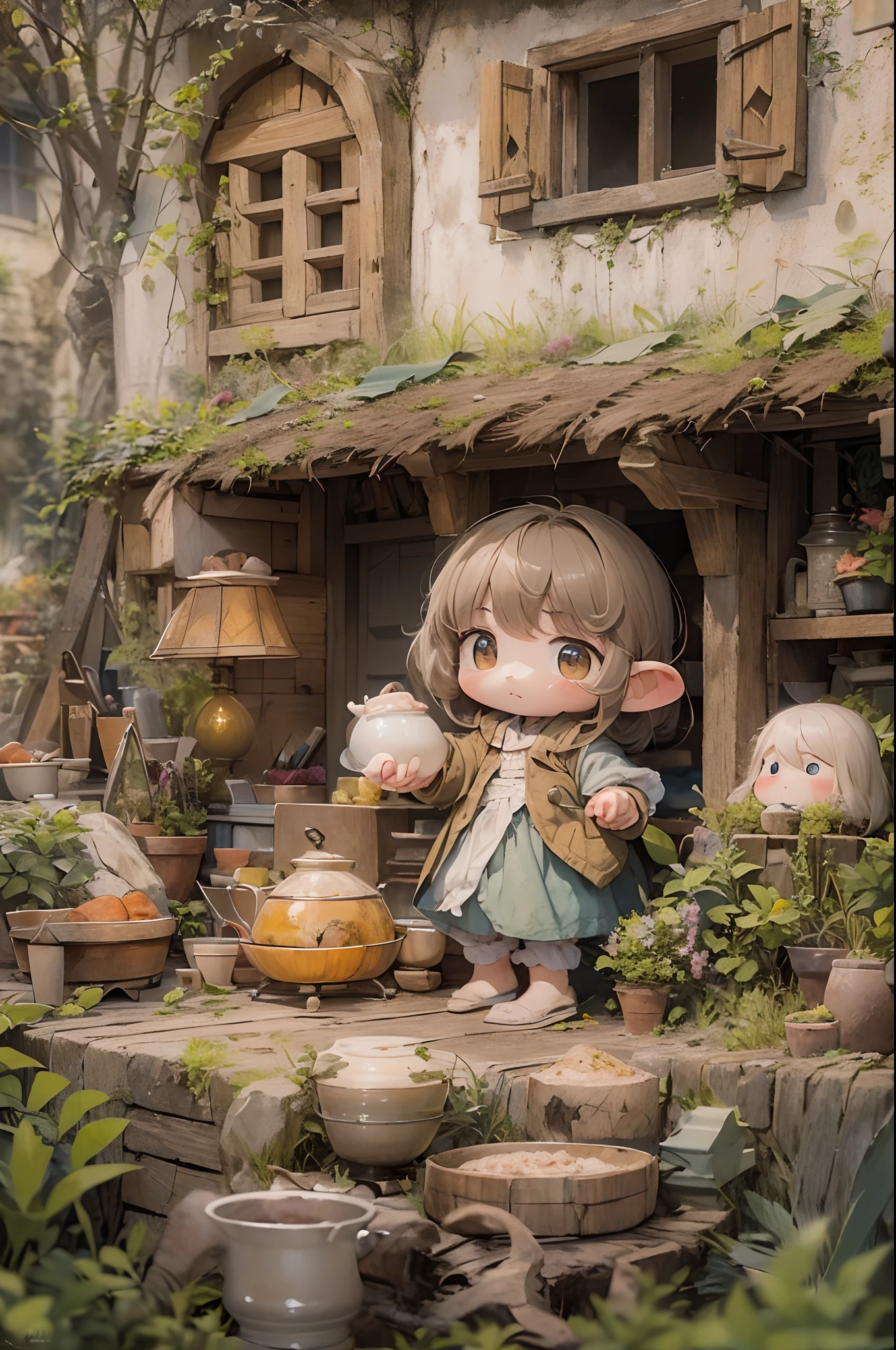 Background////Little Hobbit Village. They live in houses that blend in with the soil and vegetation. Character //(Hobbit kids play、Adults are busy preparing dinner:1.8）,effect///Fluffy pastel colors.fine brushes,（XF 35mm F1 key.4 R,F1.4,Maximum aperture (E.G. In the photo),become blunt:1.5） Rough, detailed watercolour, soft and fantastic, pastel, Fluffy, (extremely fine and beautiful), (Perfect Detail)、(pastel color),Soft texture:1.2.(masutepiece, Best Quality), (finely detailed beautiful eye), (finely detailed  eyes and detailed face),The tones are also visibly luminous.Pale blurred contours,Unobtrusive lighting, moody atmosphere,subtle highlights