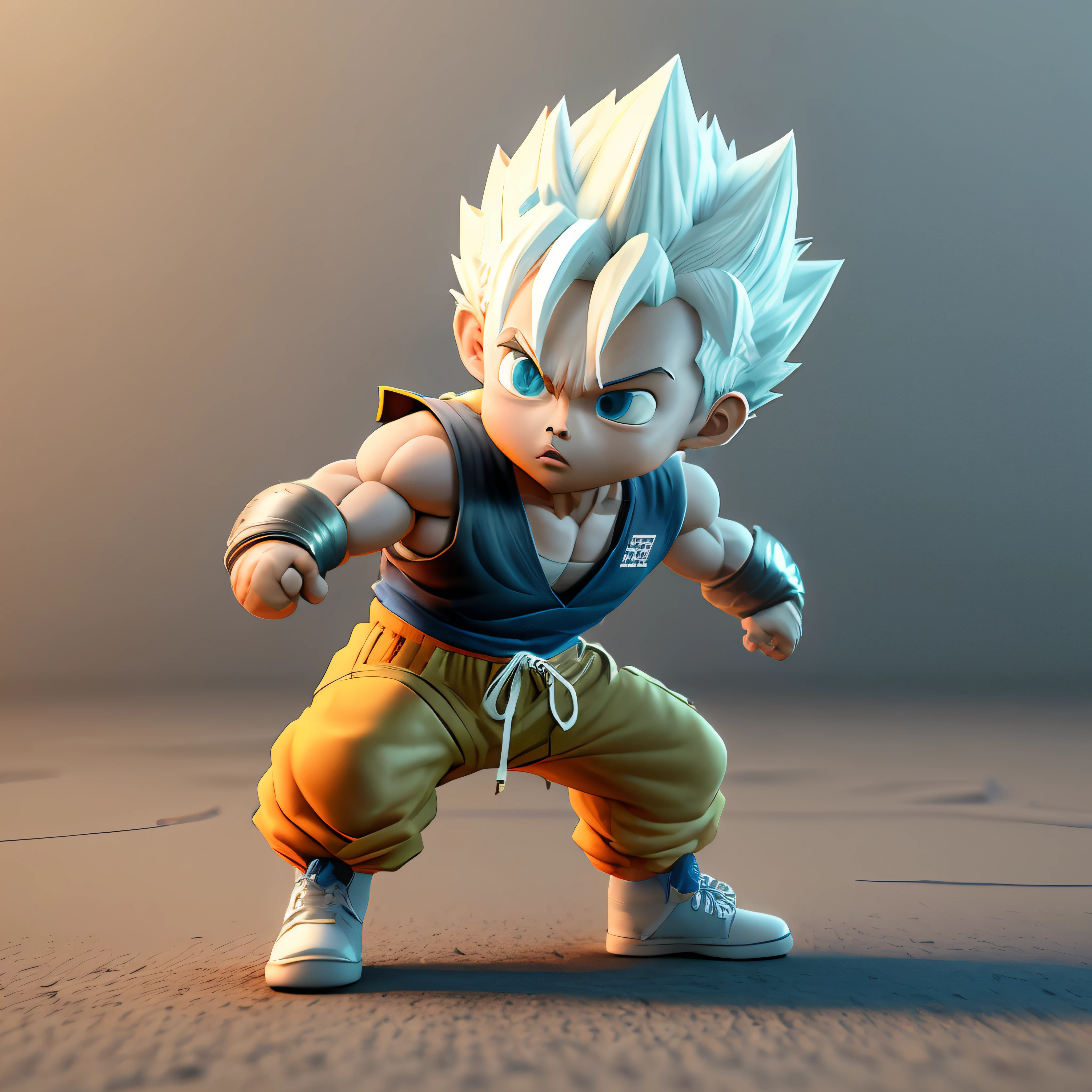 Goku, Super Saiyan, Delicate Hair, Arm Carving, White Blue Hair All Over, Delicate Shoes, Eye Carving, Delicate Hair, Popmart Blind Box, Clay Texture, Stepping on the Land, Black and White Background, Natural Light, Best Quality, Hyper Detail, 3D Art, C4D, OC Renderer, 3D Rendering