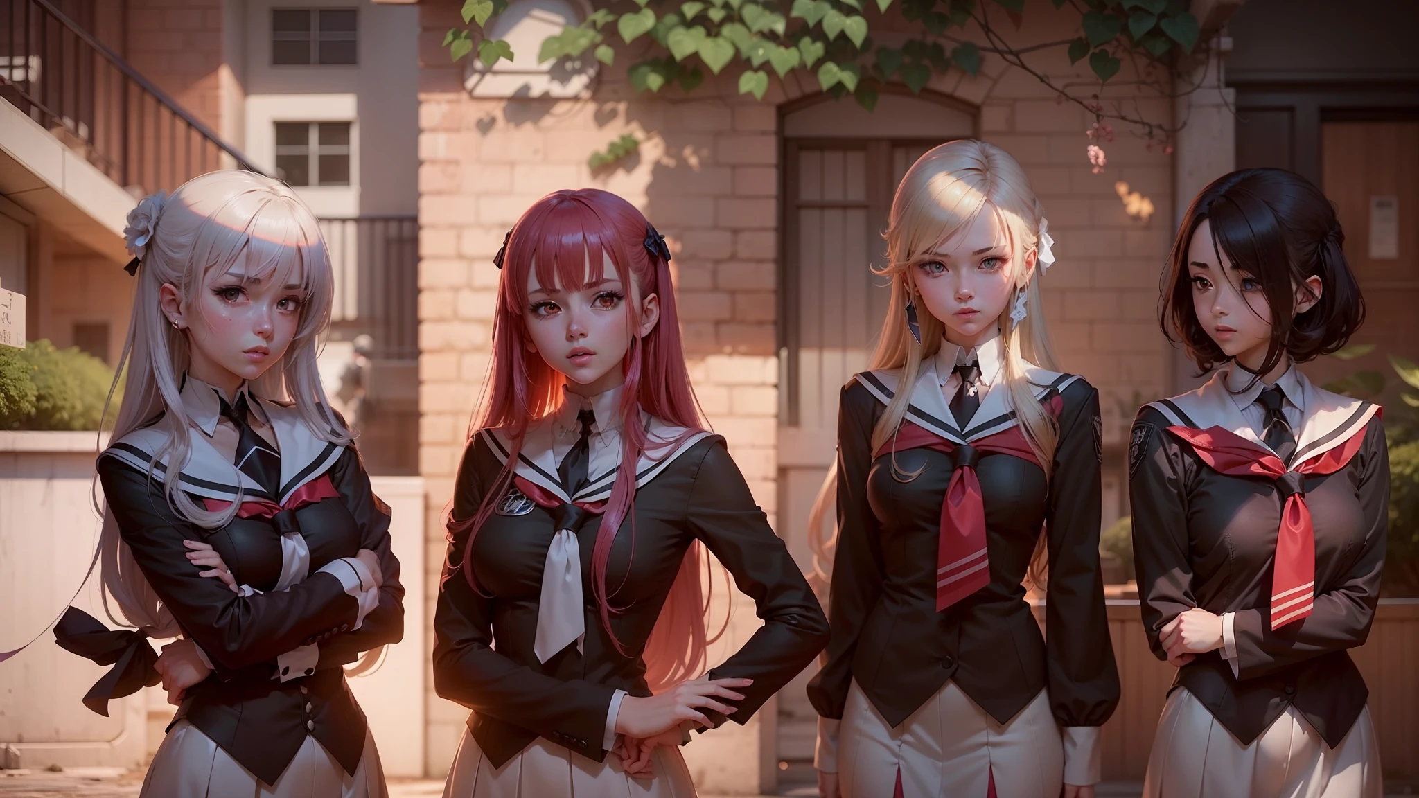 Four anime girls in school uniforms stand in front of a building, digital anime illustration, visual novel key visual, visual novel cg, smooth anime cg art, girls frontline style, anime styled digital art, digital anime art,! style anime, As fate/stay night, screenshot from the anime film, Anime so far, girls frontline cg, look at the viewer. !! beautiful anime face