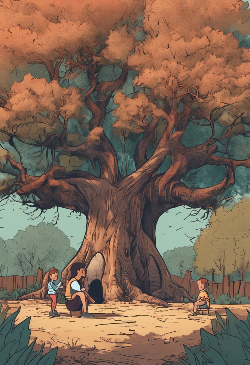 a yard with a tree three children sitting on the ground, uma mulher sentada na cadeira e um homem sentado na cadeira, etilo desenho infantil de terror