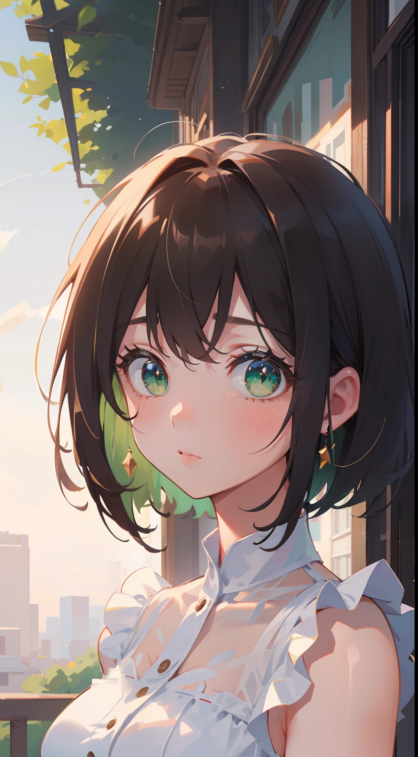 (masterpiece), (best quality), ultra high res, sharp focus, warm pastel tone, ((1 woman, solo)), upper body, dutch shot, beautiful detailed hair, chestnut brown hair, smooth bob hair, beautiful detailed face, ((beautiful shape eyes, green eyes)), perfect feminine face, look at the viewer