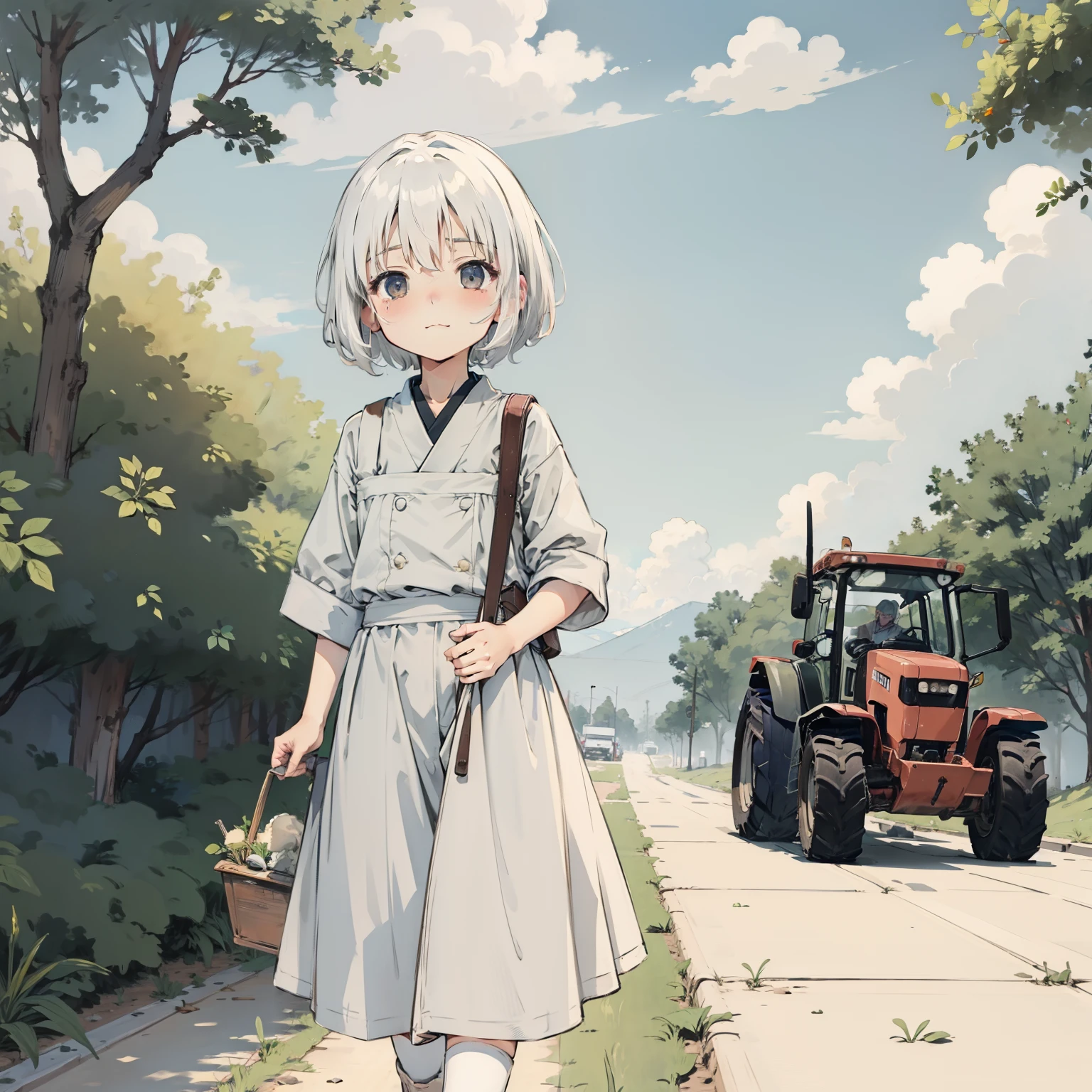 White clouds,one-girl,Loli,elementary student,Drive a tractor,独奏, (with short white hair:1.2),