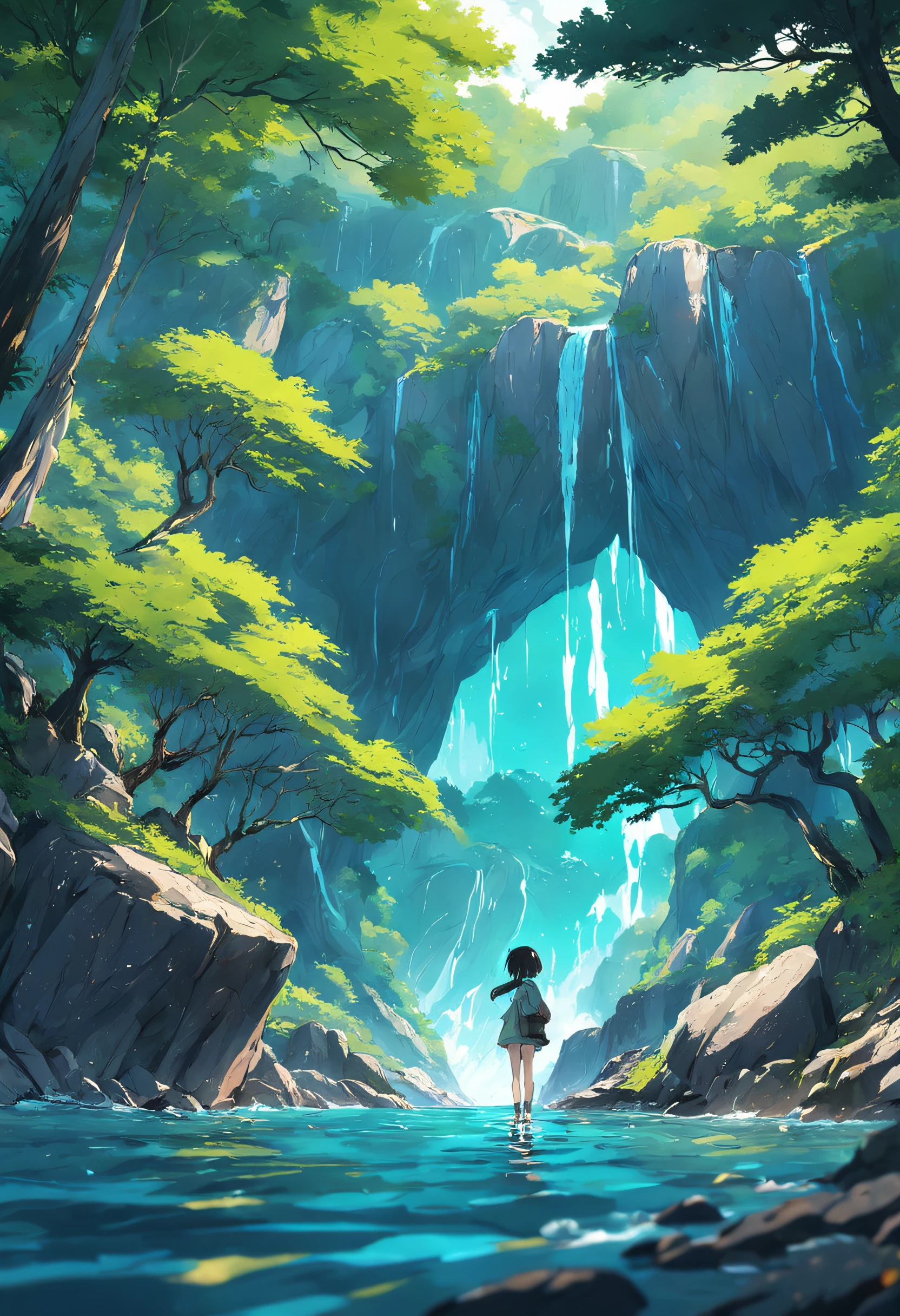 Beautiful scenery,Clear water,Rolling mountains,Verdant woods。