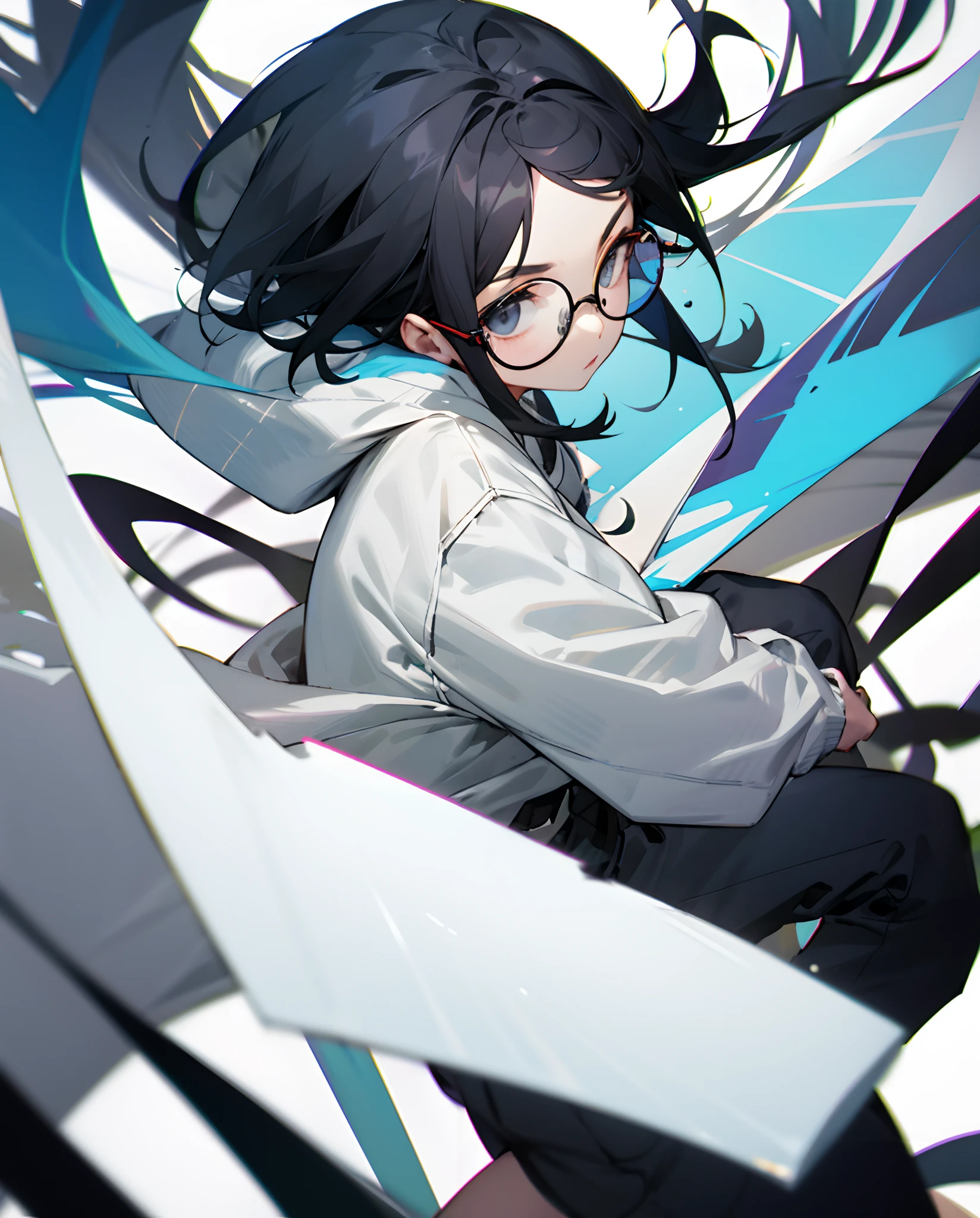 Character: Girl sweatshirt wearing black hair, round glasses disappears under the body