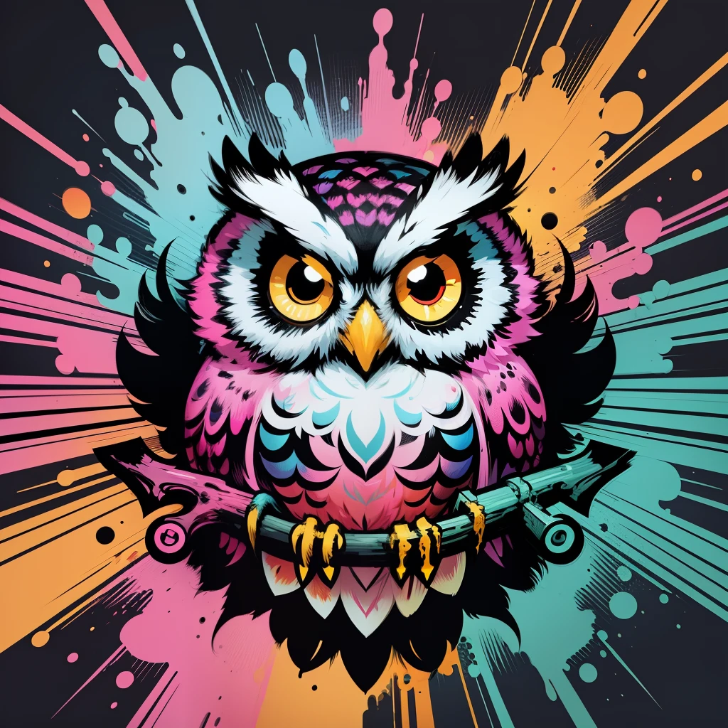 vector art, Colorful graffiti illustration,owl, in the center, Bright colors, paint splashes and blots, Adobe Illustrator, high detail, whitebackground
